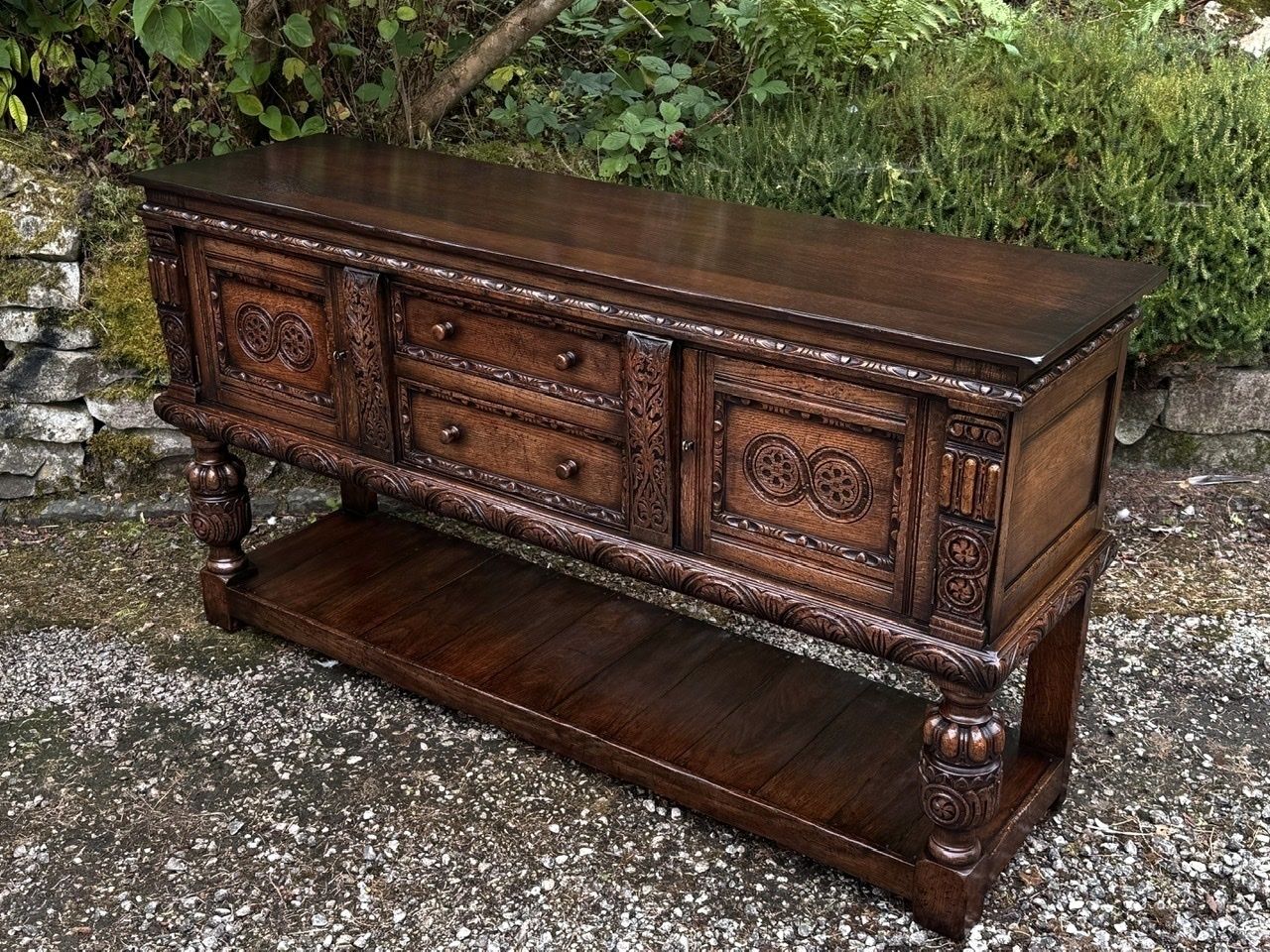 A Titchmarsh And Goodwin Jacobean Carved Oak Dresser Base / Sideboard / Hall Cabinet photo furniture