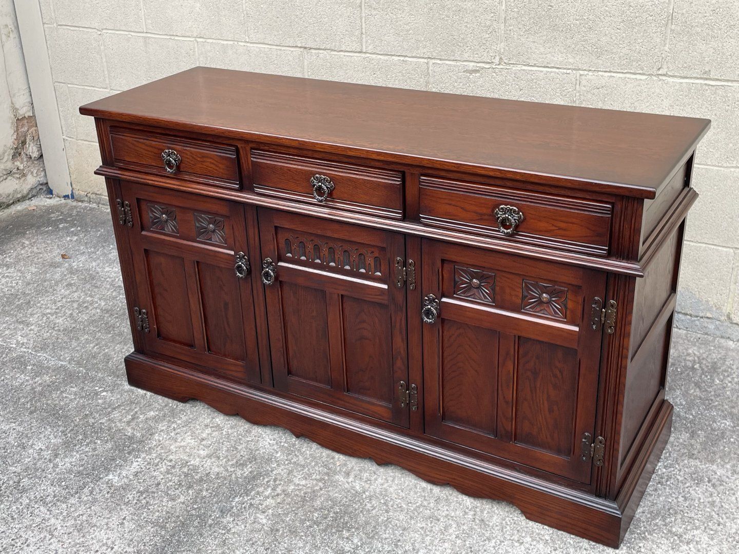 A Wood Brothers Old Charm Tudor Brown Carved Oak Sideboard / Dresser Base / Cupboard / Cabinet photo furniture