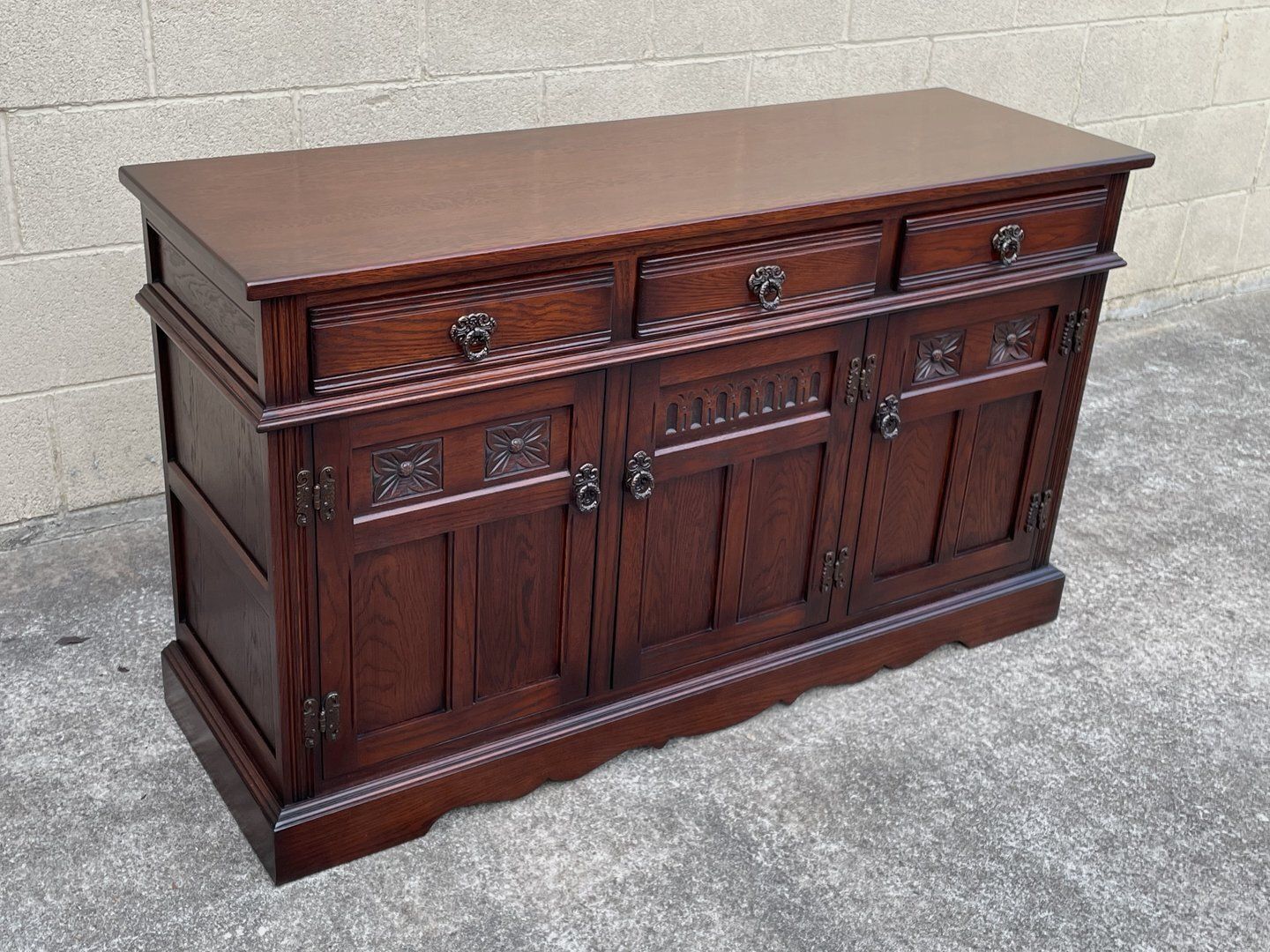 A Wood Brothers Old Charm Tudor Brown Carved Oak Sideboard / Dresser Base / Cupboard / Cabinet photo for sale