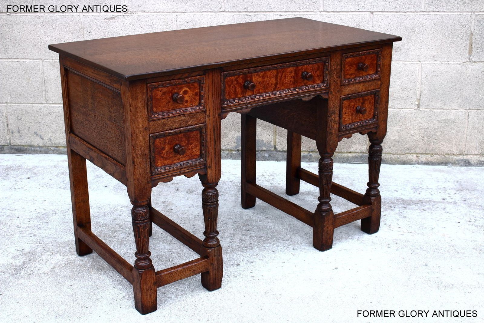 A 1920's Titchmarsh And Goodwin Style Carved Stressed Oak Burr Walnut Kneehole Desk / Writing Table photo for sale