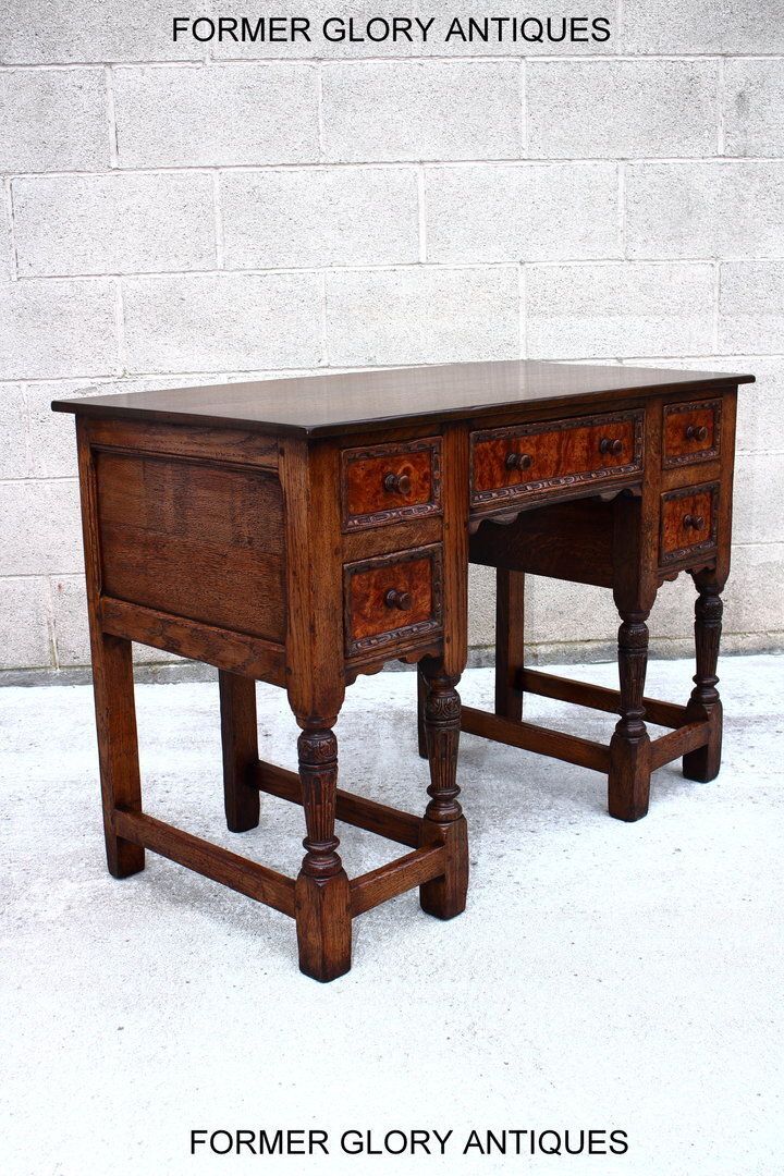 photo vintage A 1920's Titchmarsh And Goodwin Style Carved Stressed Oak Burr Walnut Kneehole Desk / Writing Table