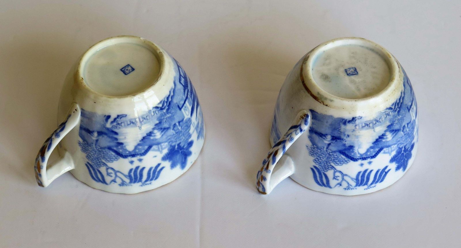 Home Decor Miles Mason Porcelain Pair Of Tea Cups Broseley Blue And White Pattern, Ca. 1805 photo