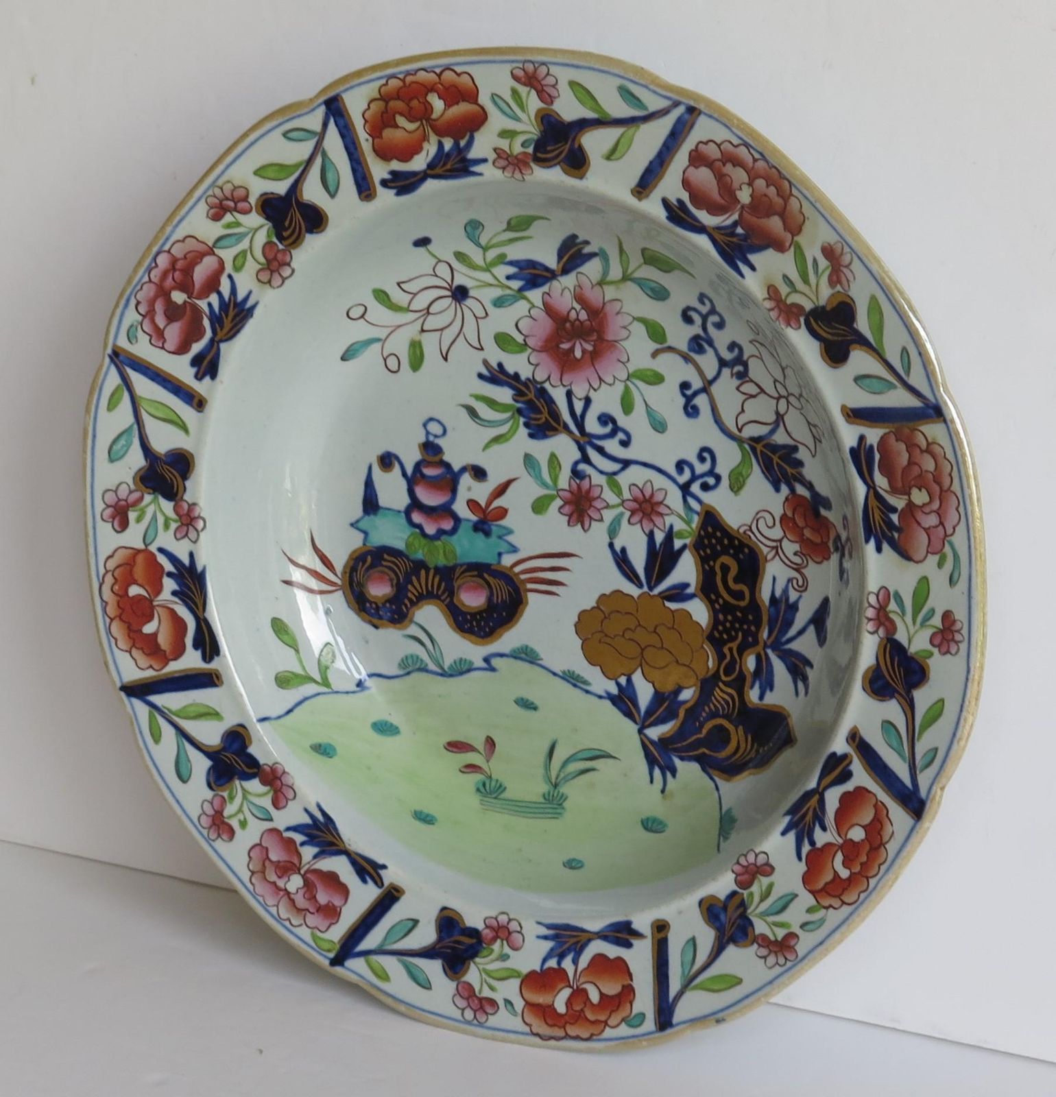 Georgian Mason's Soup Bowl Or Plate In Small Vase Flowers And Rock Ptn, Ca 1818 photo for sale