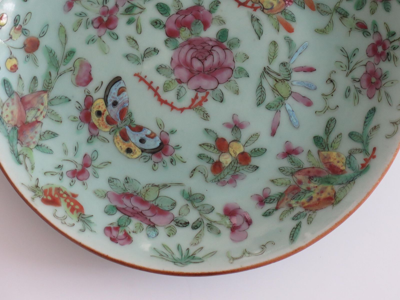 Chinese Porcelain Large Plate Or Dish Celadon Famille Rose Hand Painted, Ca 1820 photo vintage
