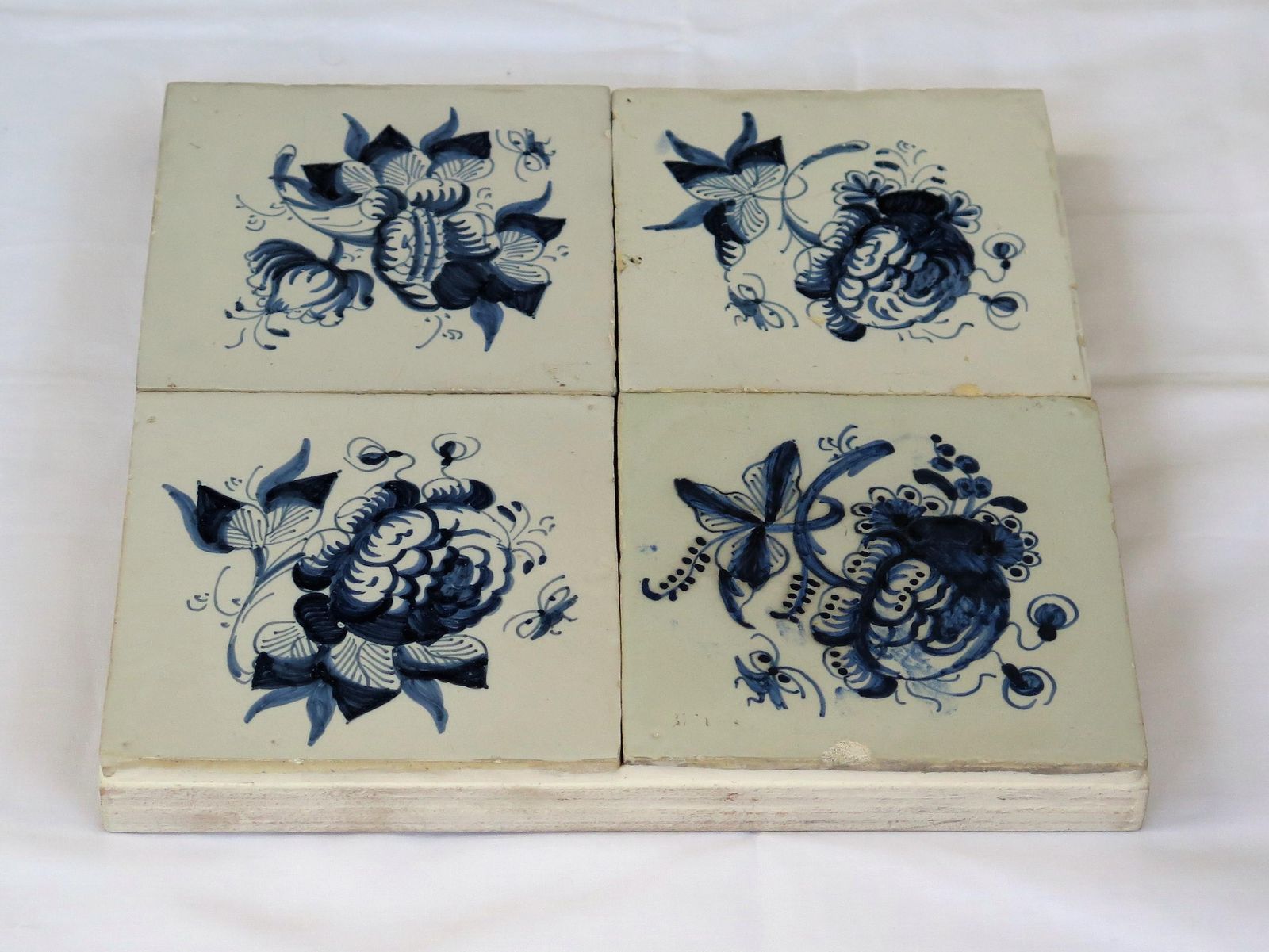 Four 17th Century Delft Blue And White Wall Tiles On Frame Set 1, Netherlands photo Art