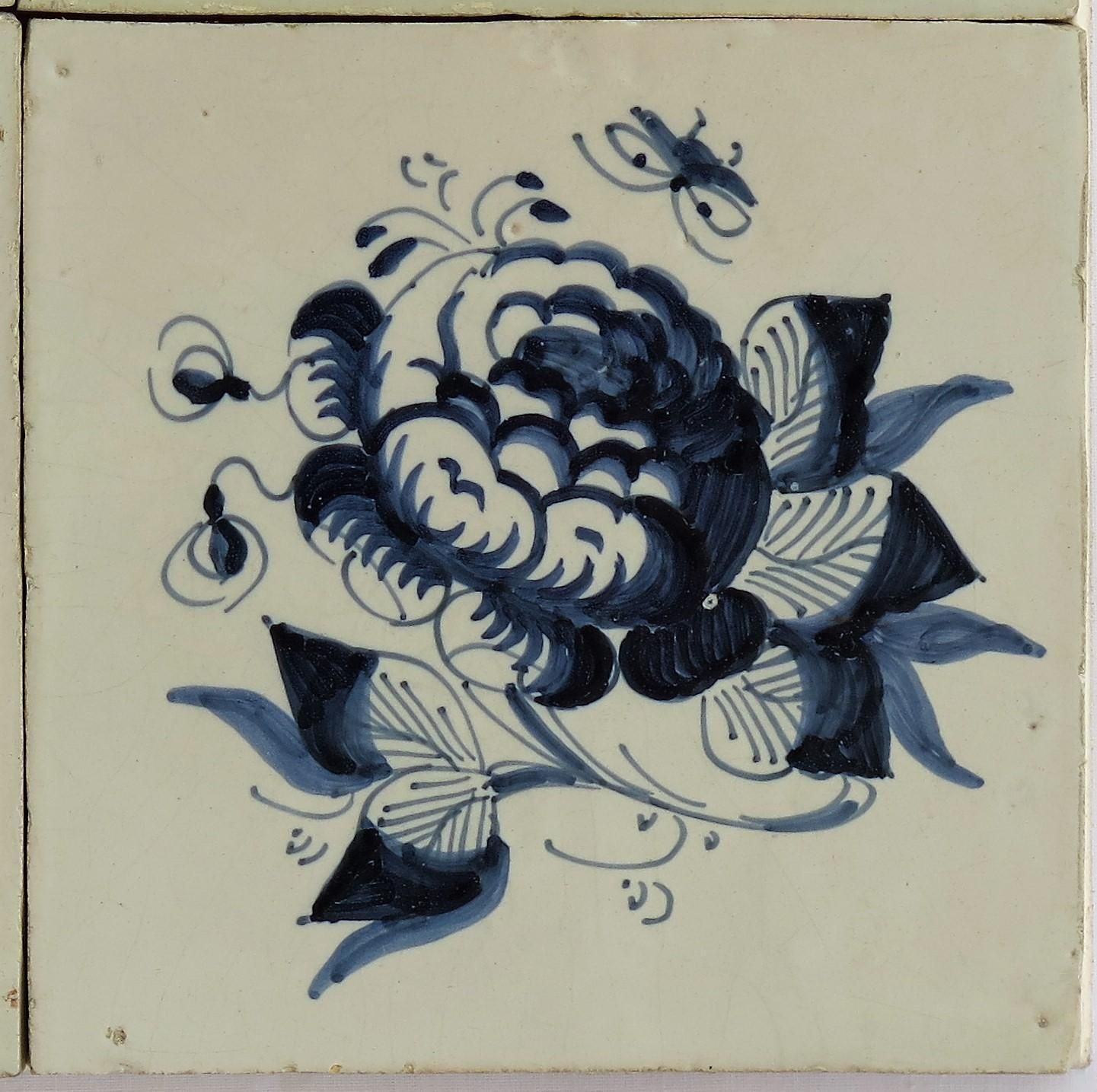 504.0 Four 17th Century Delft Blue And White Wall Tiles On Frame Set 1, Netherlands photo