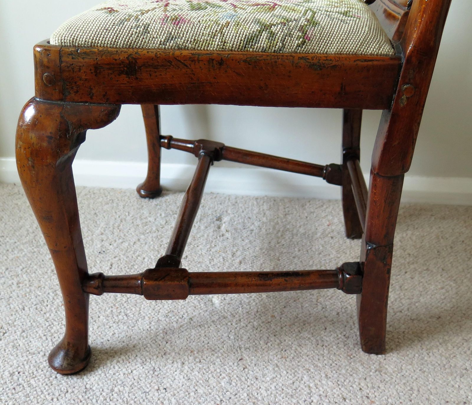Queen Anne Period Walnut Chair Cabriole Legs And Stretchers, English Circa 1700 photo vinterior