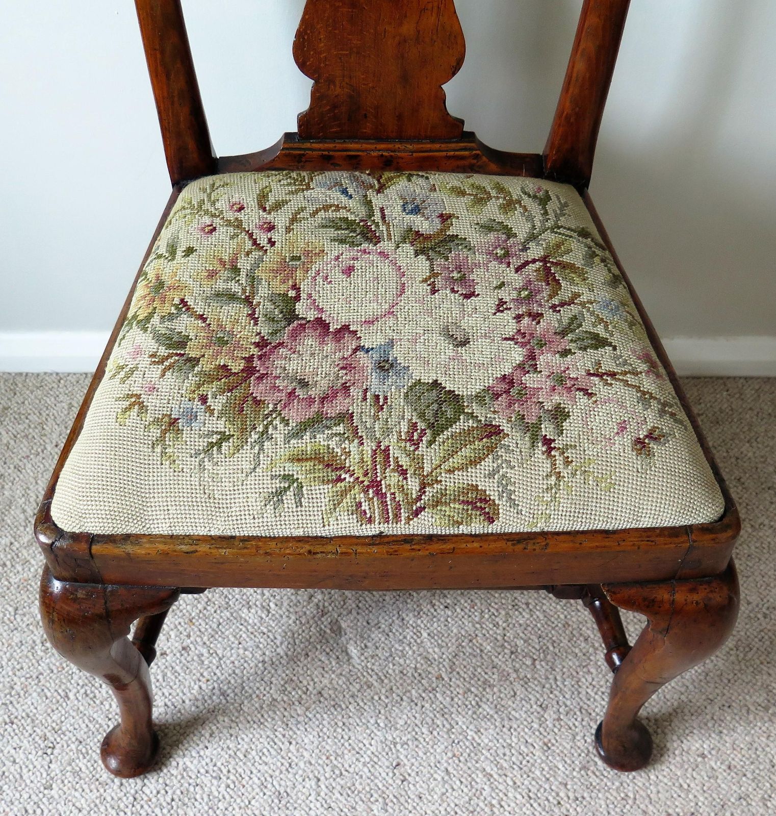 photo for sale Queen Anne Period Walnut Chair Cabriole Legs And Stretchers, English Circa 1700