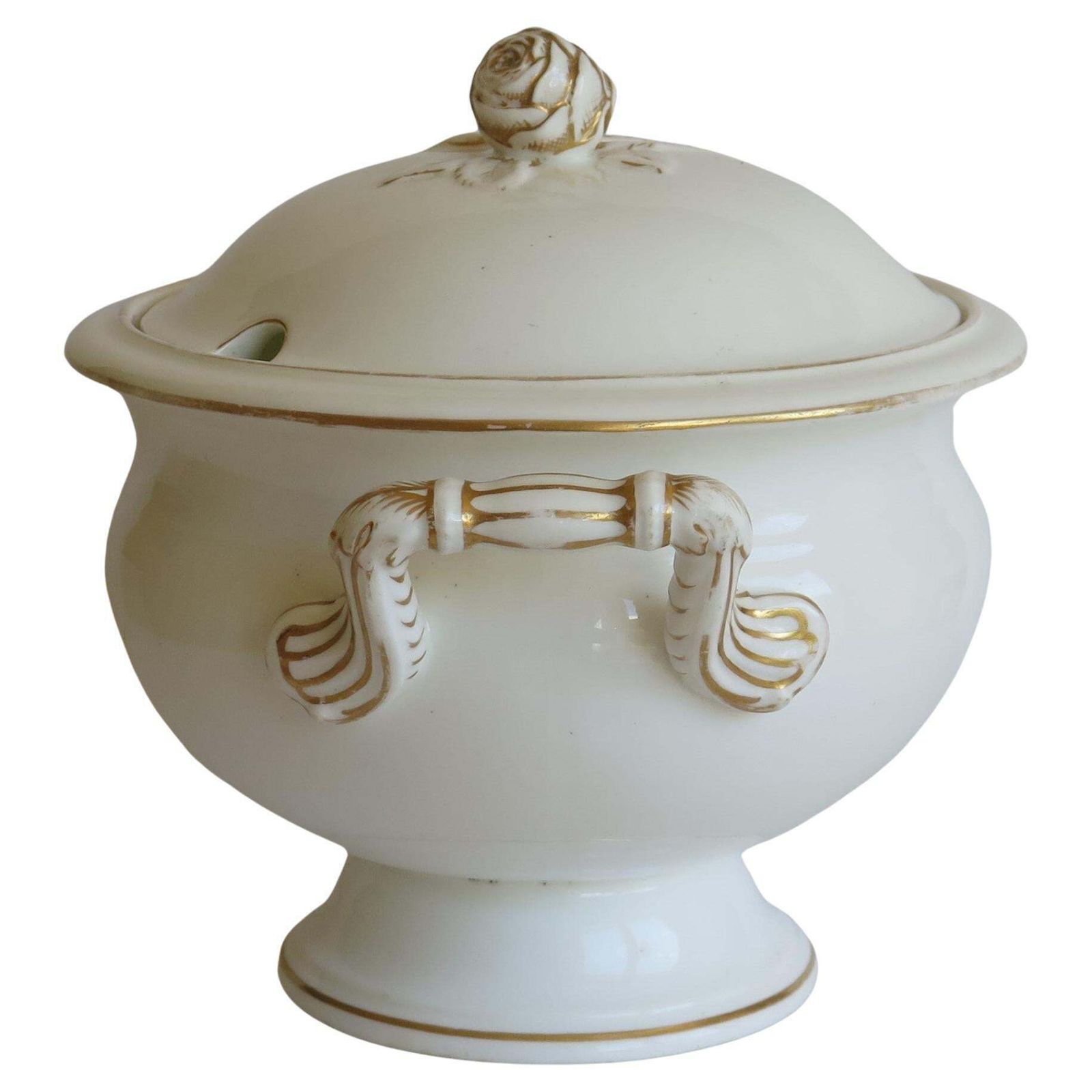 Large 19th Century Porcelain Tureen Gilded Moulded Handles & Rose Knop To Lid