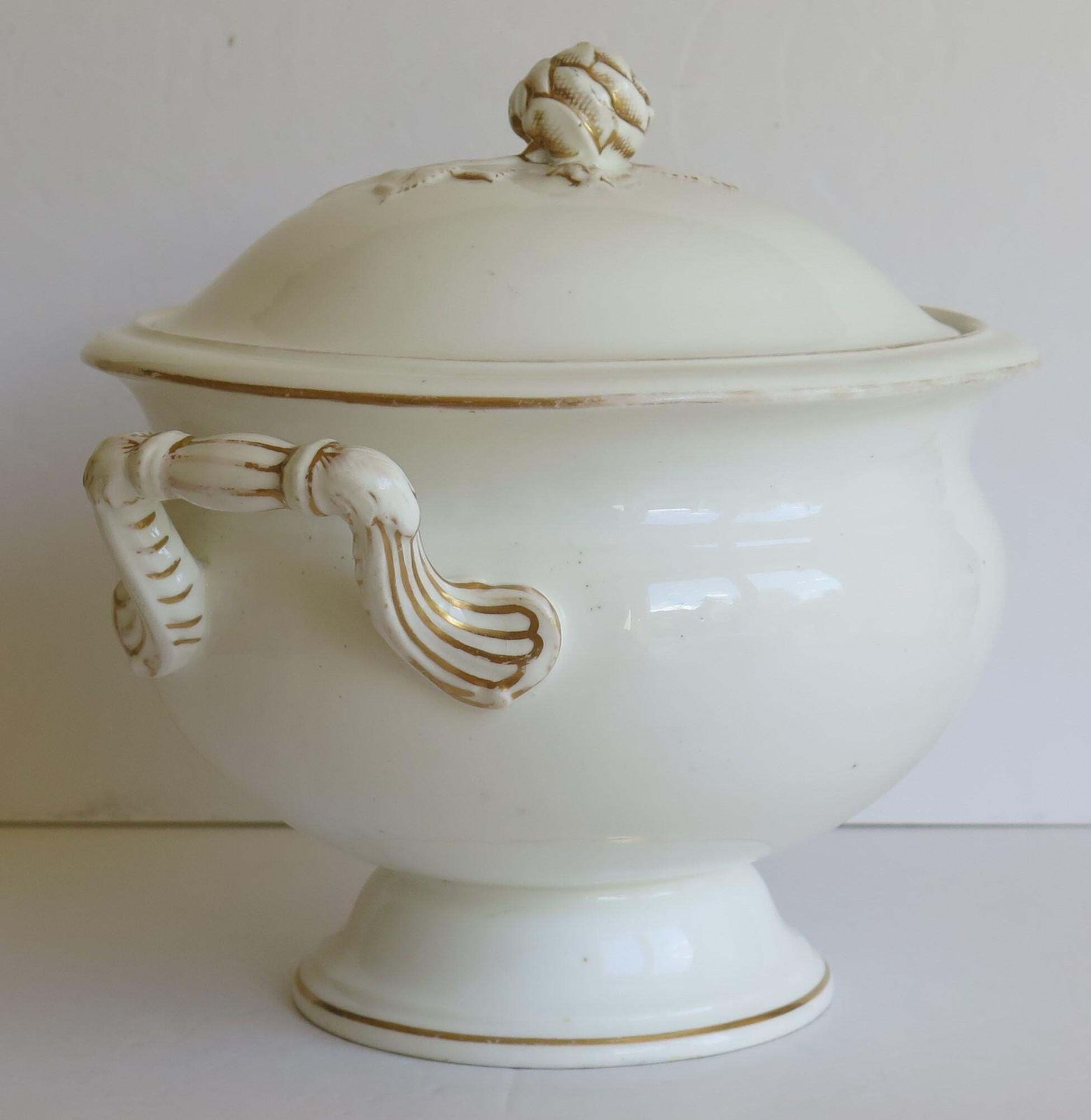 Large 19th Century Porcelain Tureen Gilded Moulded Handles & Rose Knop To Lid photo vintage