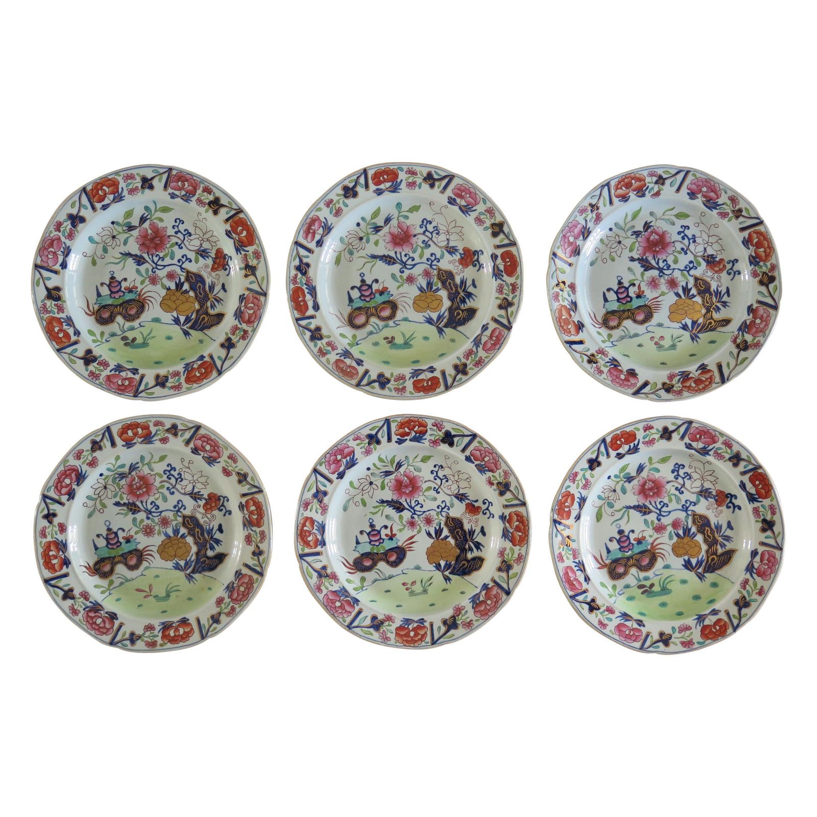 Set Of Six Masons Dinner Plates In Small Vase Flowers And Rocks Ptn, Ca 1818