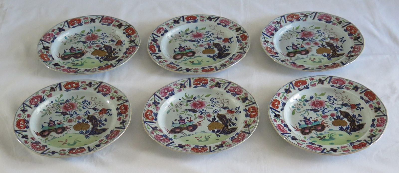 Set Of Six Masons Dinner Plates In Small Vase Flowers And Rocks Ptn, Ca 1818 photo furniture