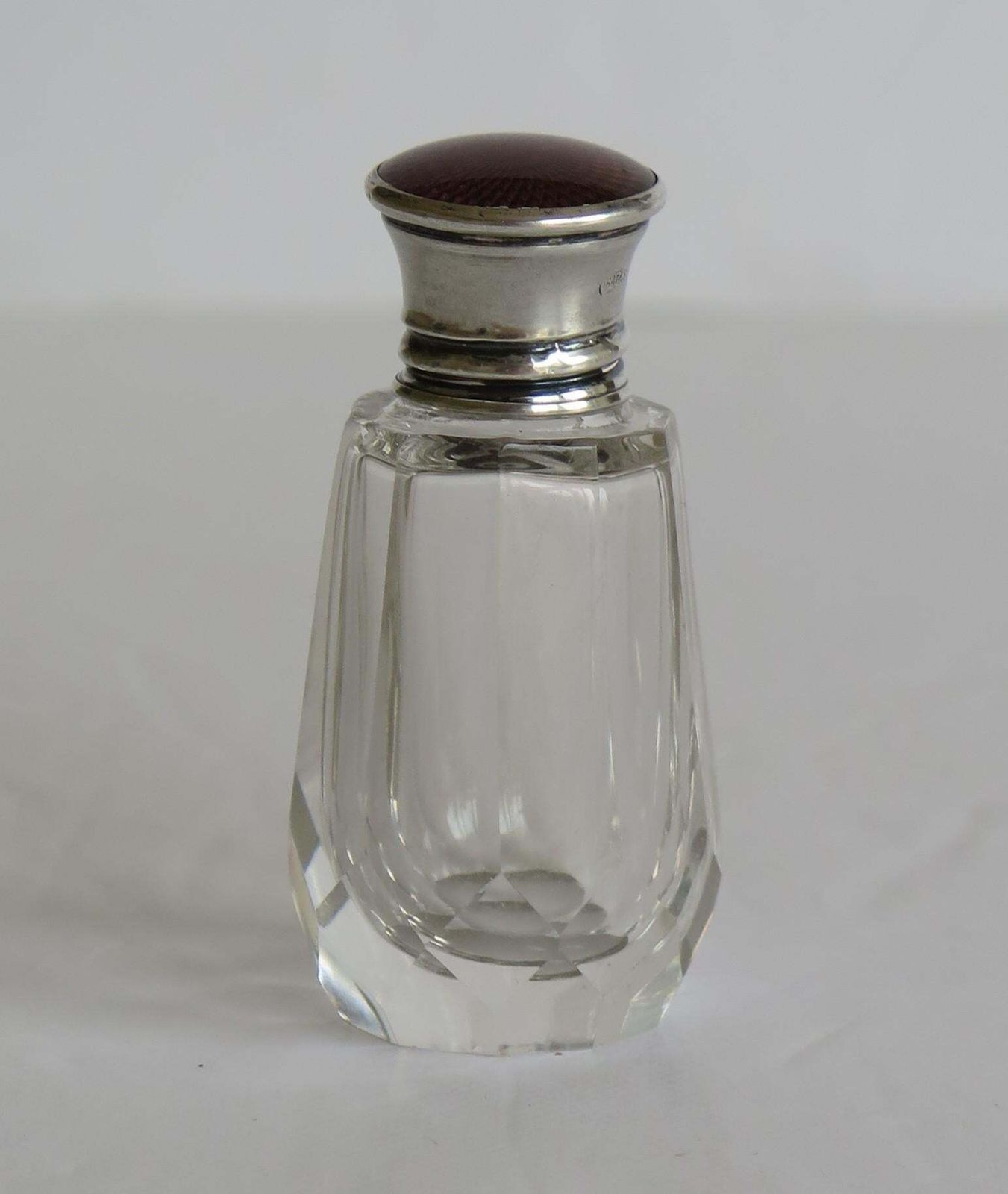 photo for sale Burgundy Guilloche & Silver Topped Cut Glass Scent Or Perfume Bottle London 1921