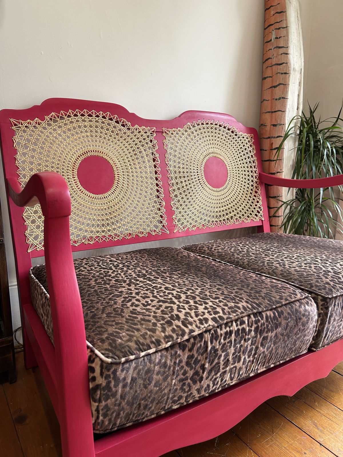 photo for sale Pink And Leopard Print Cane Two Seater Sofa