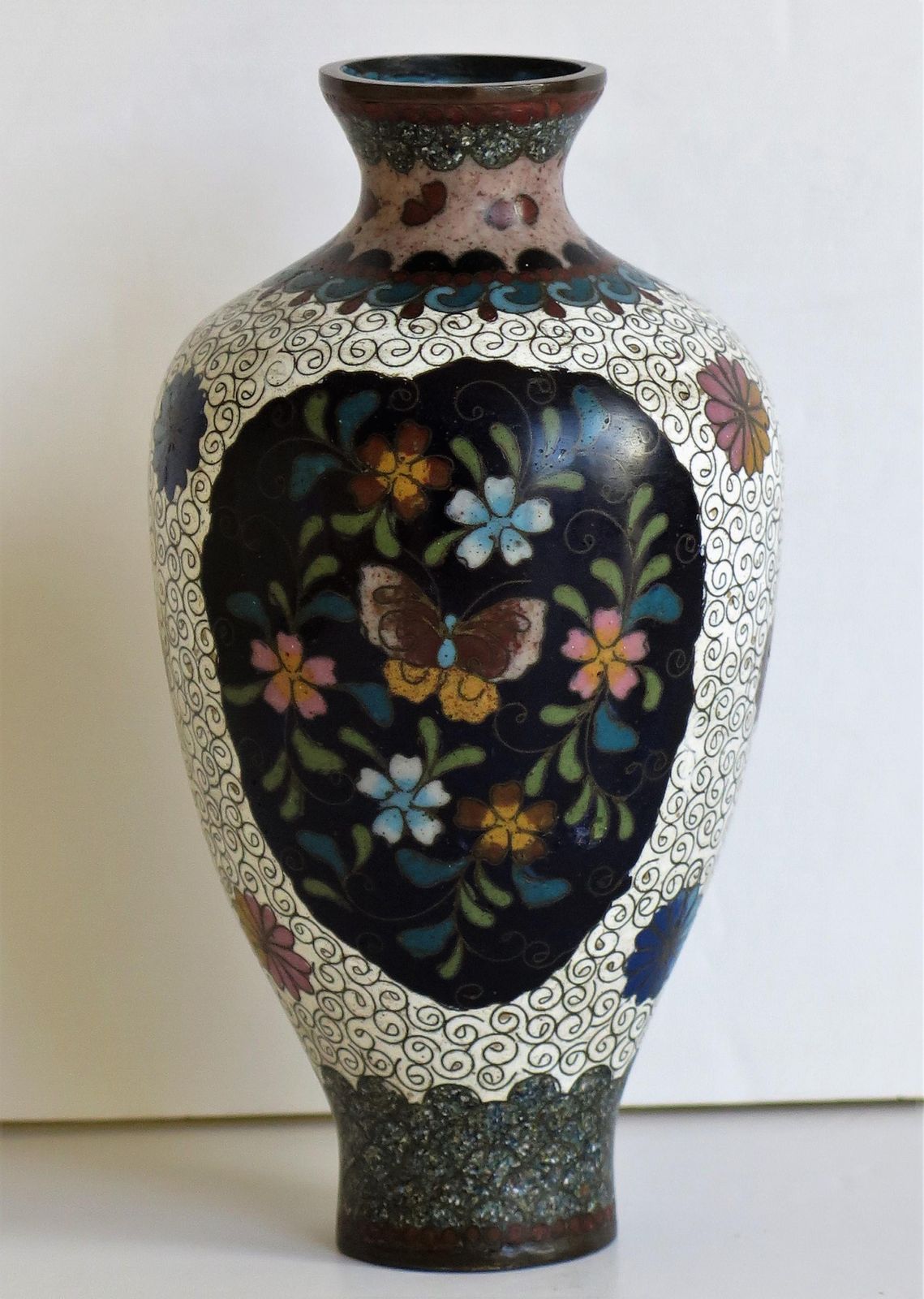Japanese Cloisonné Vases Butterflies & Flowers, 19th Century Meiji Period, Pair photo vintage