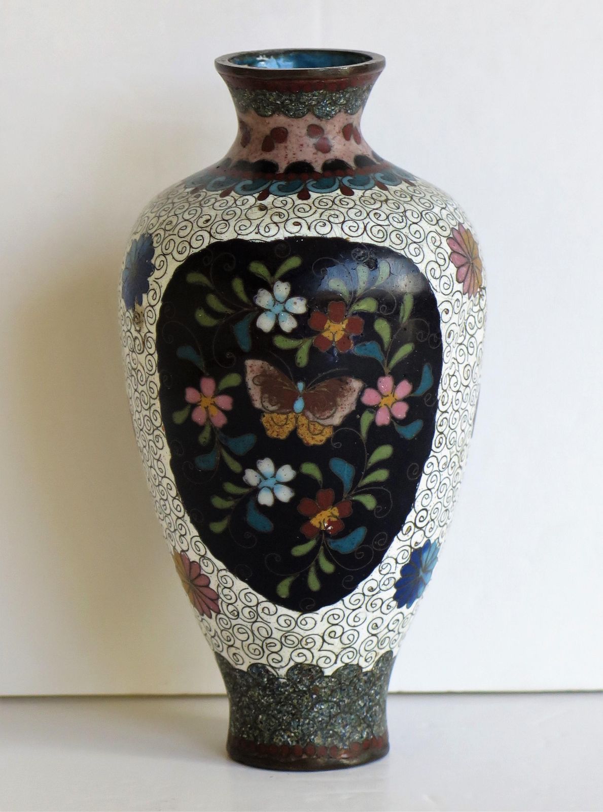 photo for sale Japanese Cloisonné Vases Butterflies & Flowers, 19th Century Meiji Period, Pair