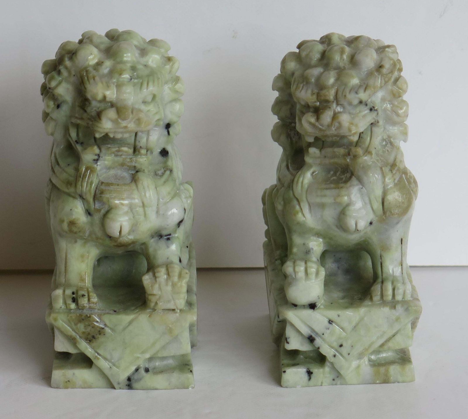Pair Of Chinese Foo Dogs Hand Carved Hardstone Good Colour And Detail, Ca 1940 photo for sale