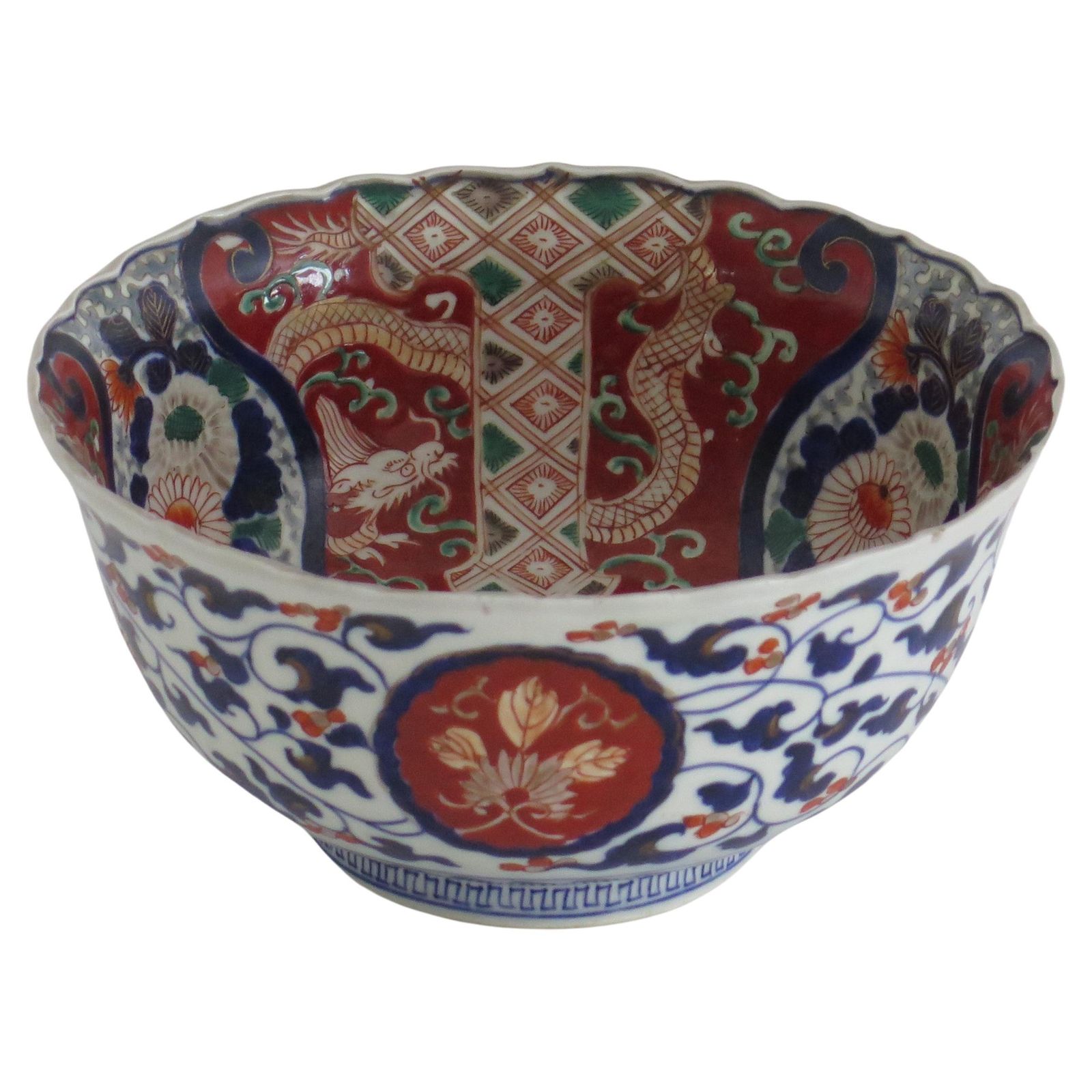 Japanese Porcelain Bowl Hand Painted Vines, Flowers & Dragons, Meiji Ca 1860