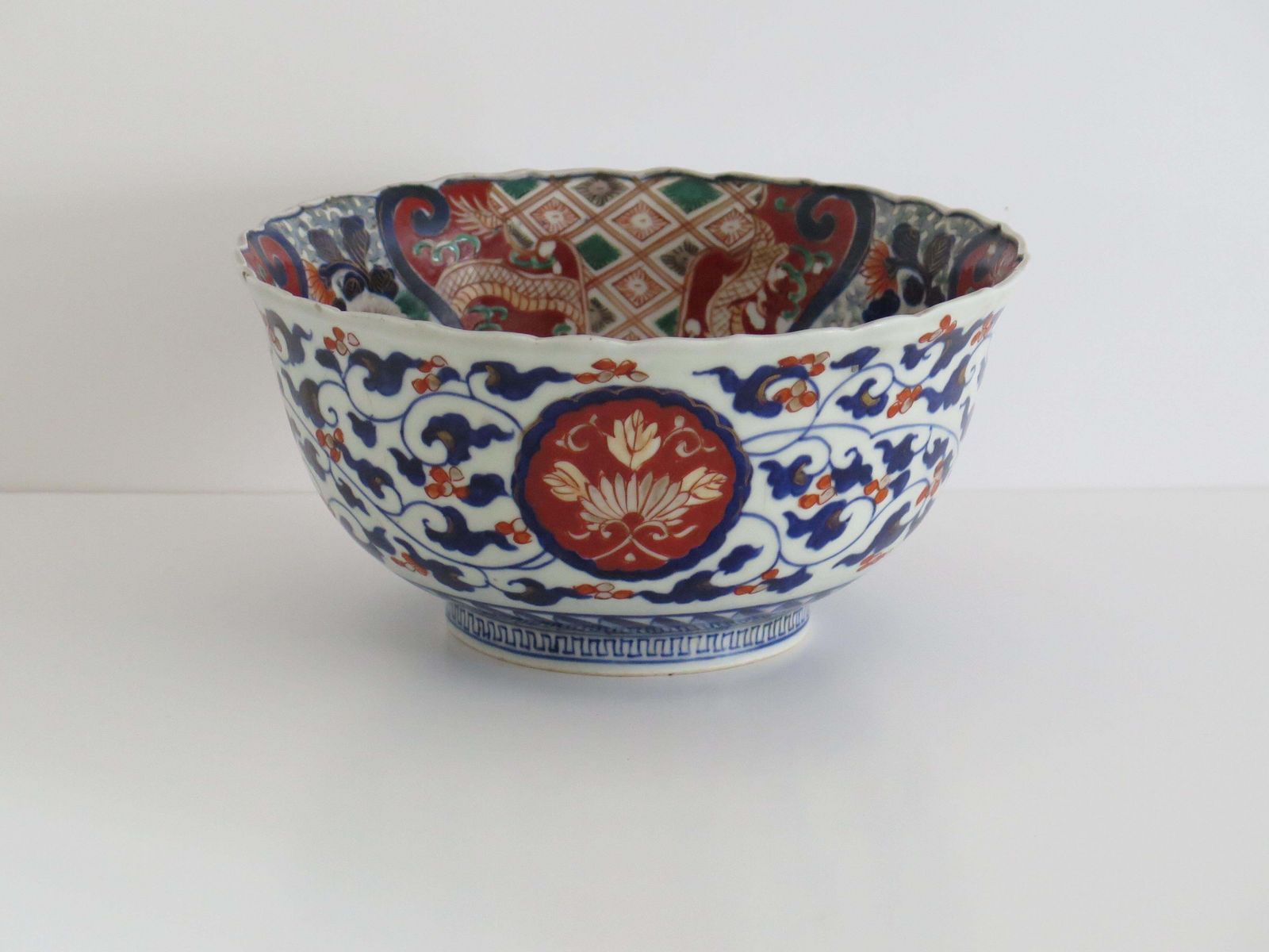 Japanese Porcelain Bowl Hand Painted Vines, Flowers & Dragons, Meiji Ca 1860 photo furniture