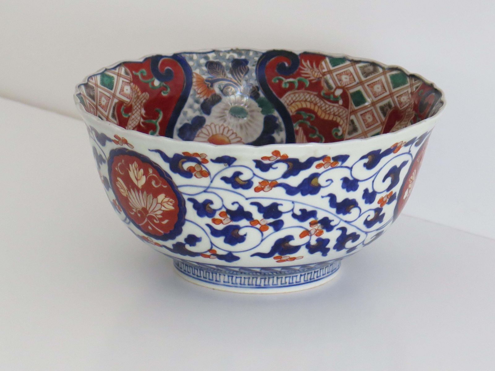 Japanese Porcelain Bowl Hand Painted Vines, Flowers & Dragons, Meiji Ca 1860 photo Home Decor