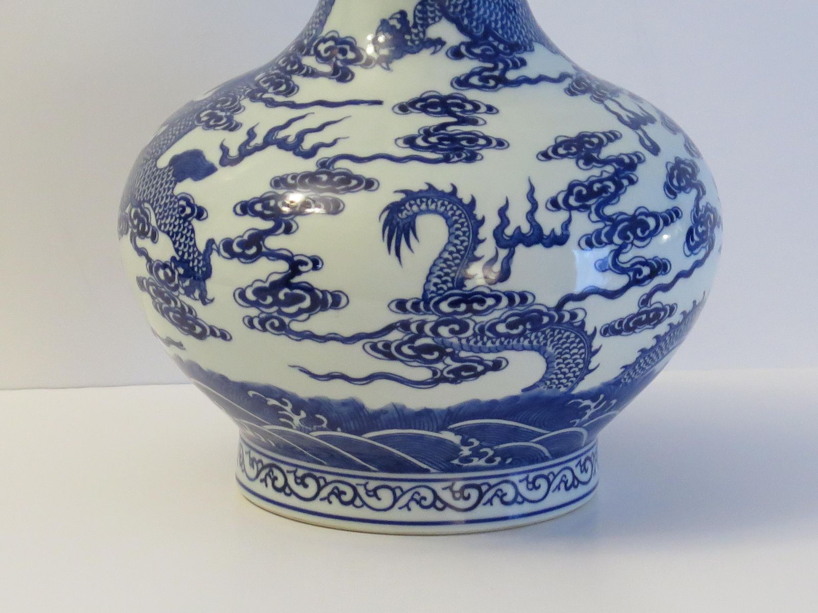 Home Decor Chinese Export Vase Porcelain Blue & White Hand Painted Dragons, Circa 1950 photo