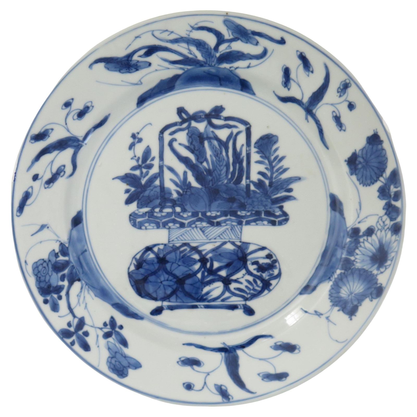 Chinese Kangxi Mark & Period Plate Porcelain Blue & White Flower Basket, Ca 1700