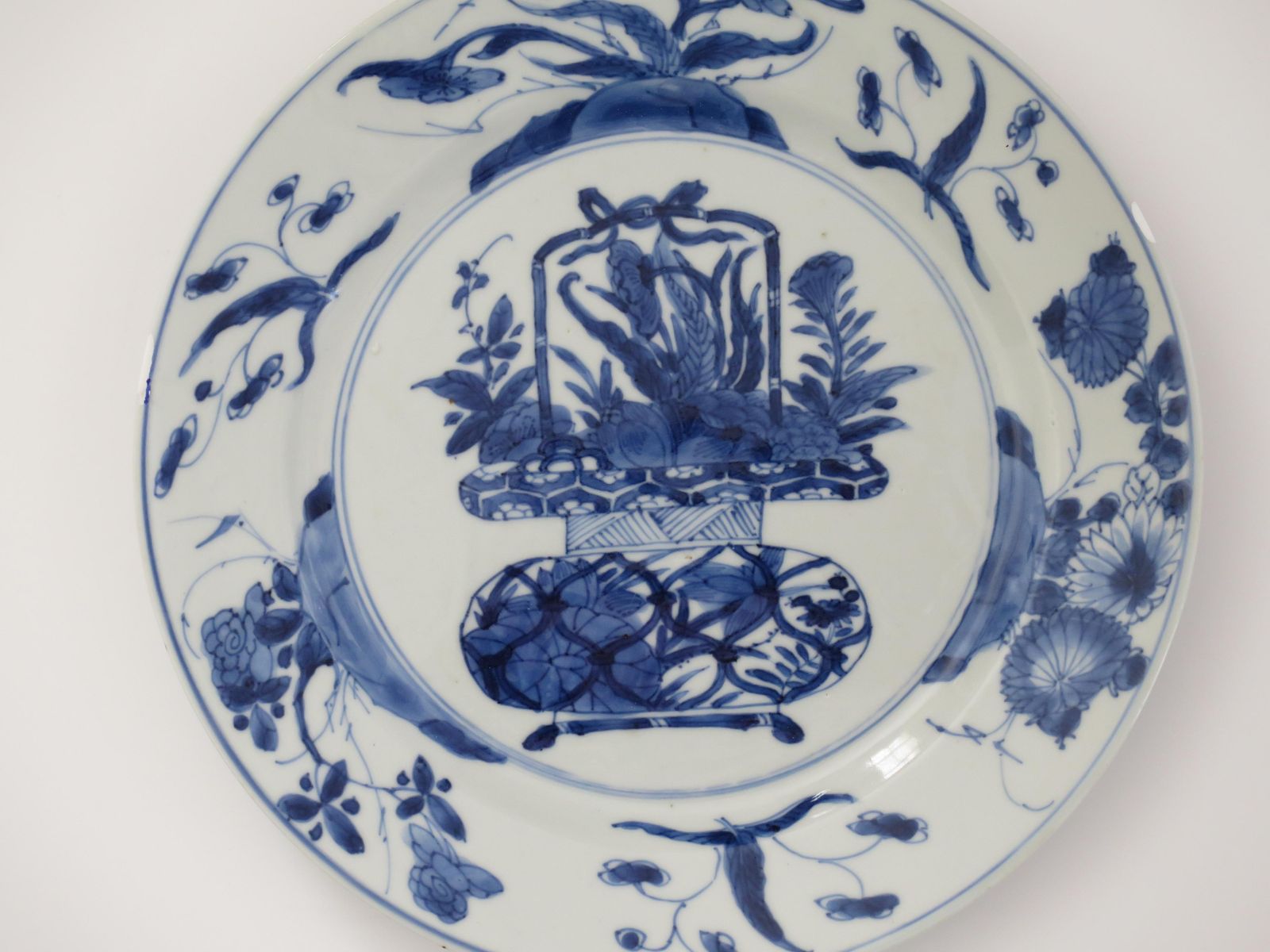 Chinese Kangxi Mark & Period Plate Porcelain Blue & White Flower Basket, Ca 1700 photo vintage
