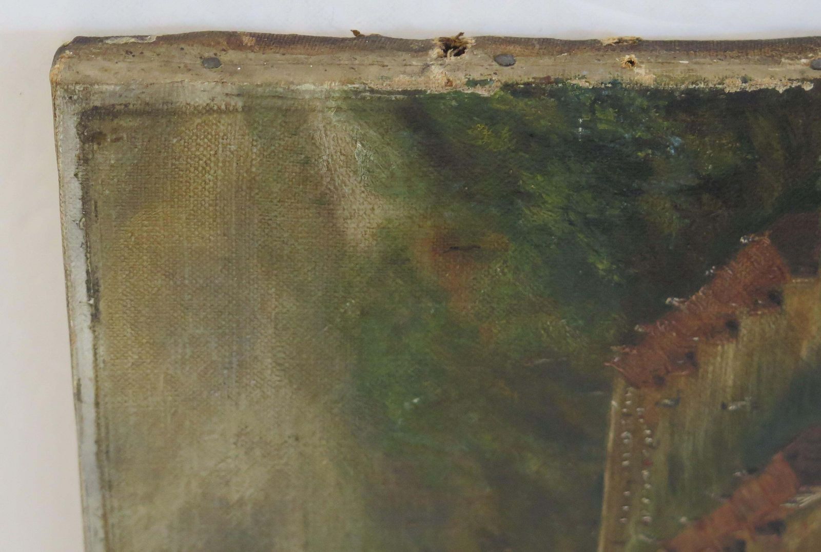 Original Oil Painting On Canvas Colonial Shanty Town Landscape, 19th C. photo vintage
