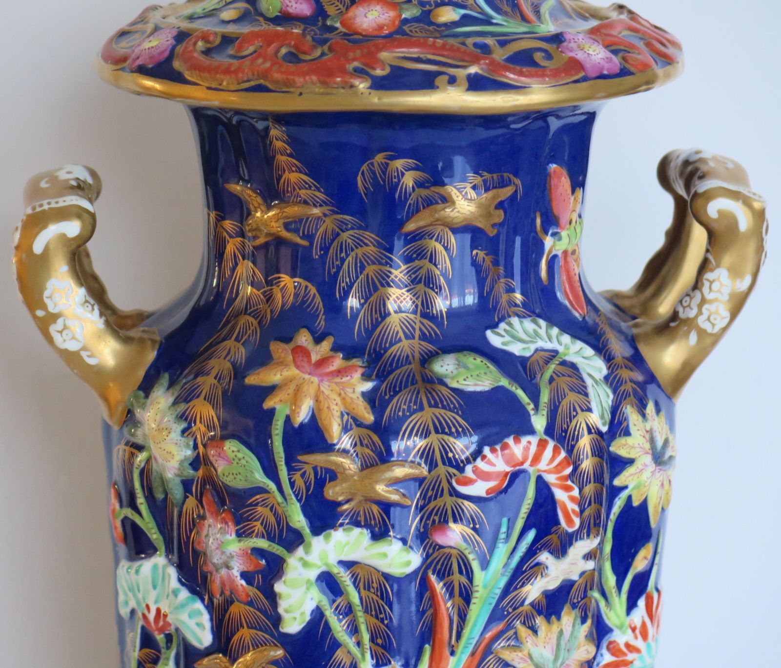 Rare Large Masons Ironstone Covered Vase With Relief Motifs, Circa 1825 photo vinterior