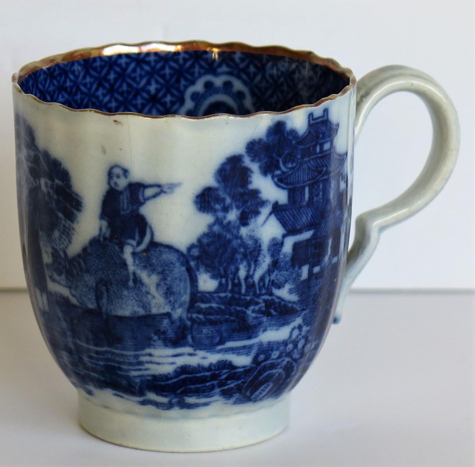 Early Coffee Cup Blue And White Boy On A Buffalo Ptn Probably Spode, Circa 1790 photo for sale