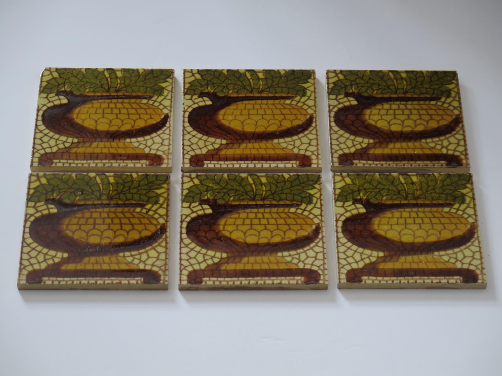 Set Of Six Ceramic Wall Tiles Pineapple Vase Pat'n 6 Inches Square,  Circa 1960 photo vintage