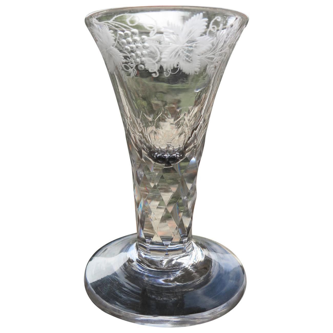 George III Firing Drinking Glass Hand Blown Facet Stem Engraved Bowl, Circa 1785