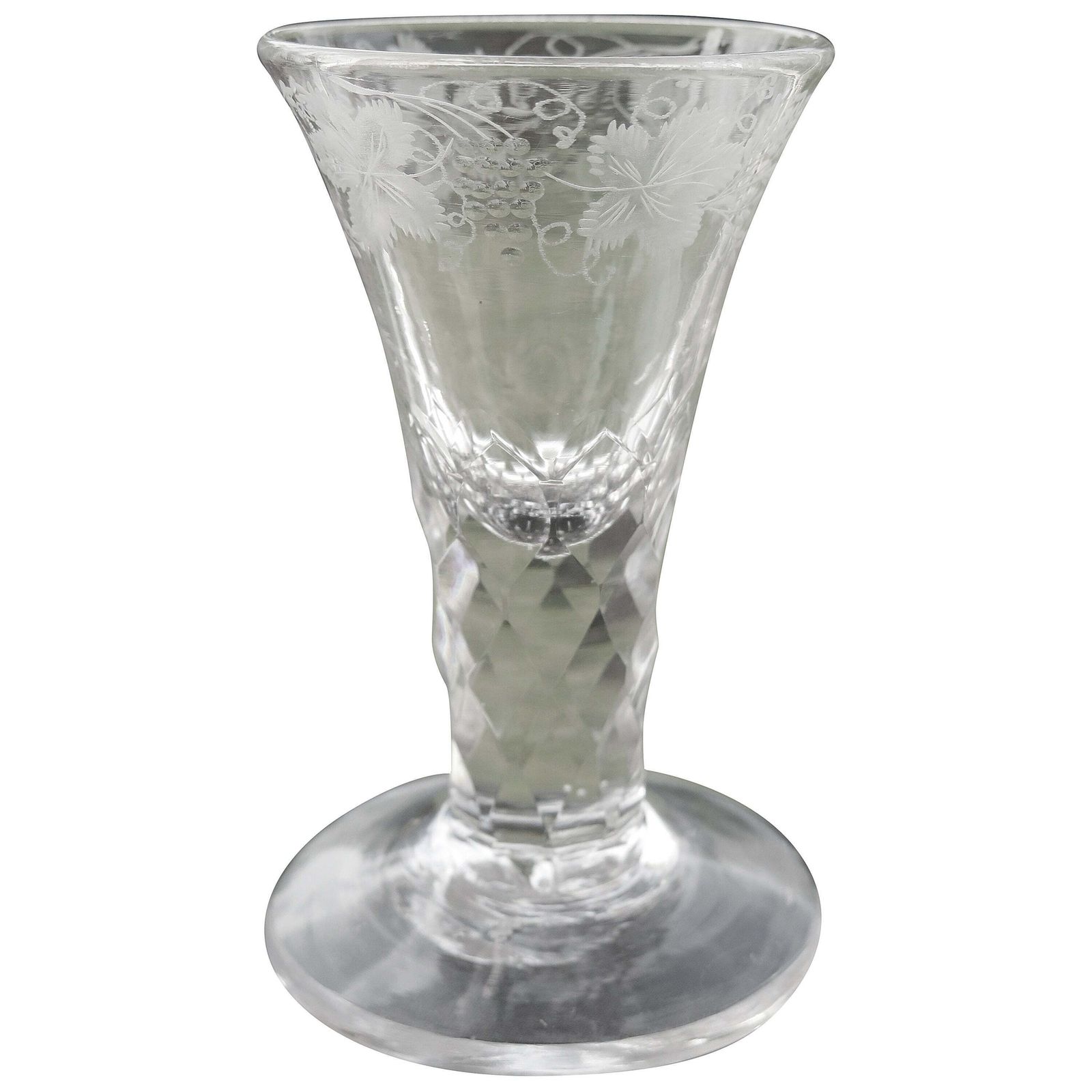 George III Firing Drinking Glass Hand Blown Facet Stem Engraved Bowl, Circa 1785 photo for sale