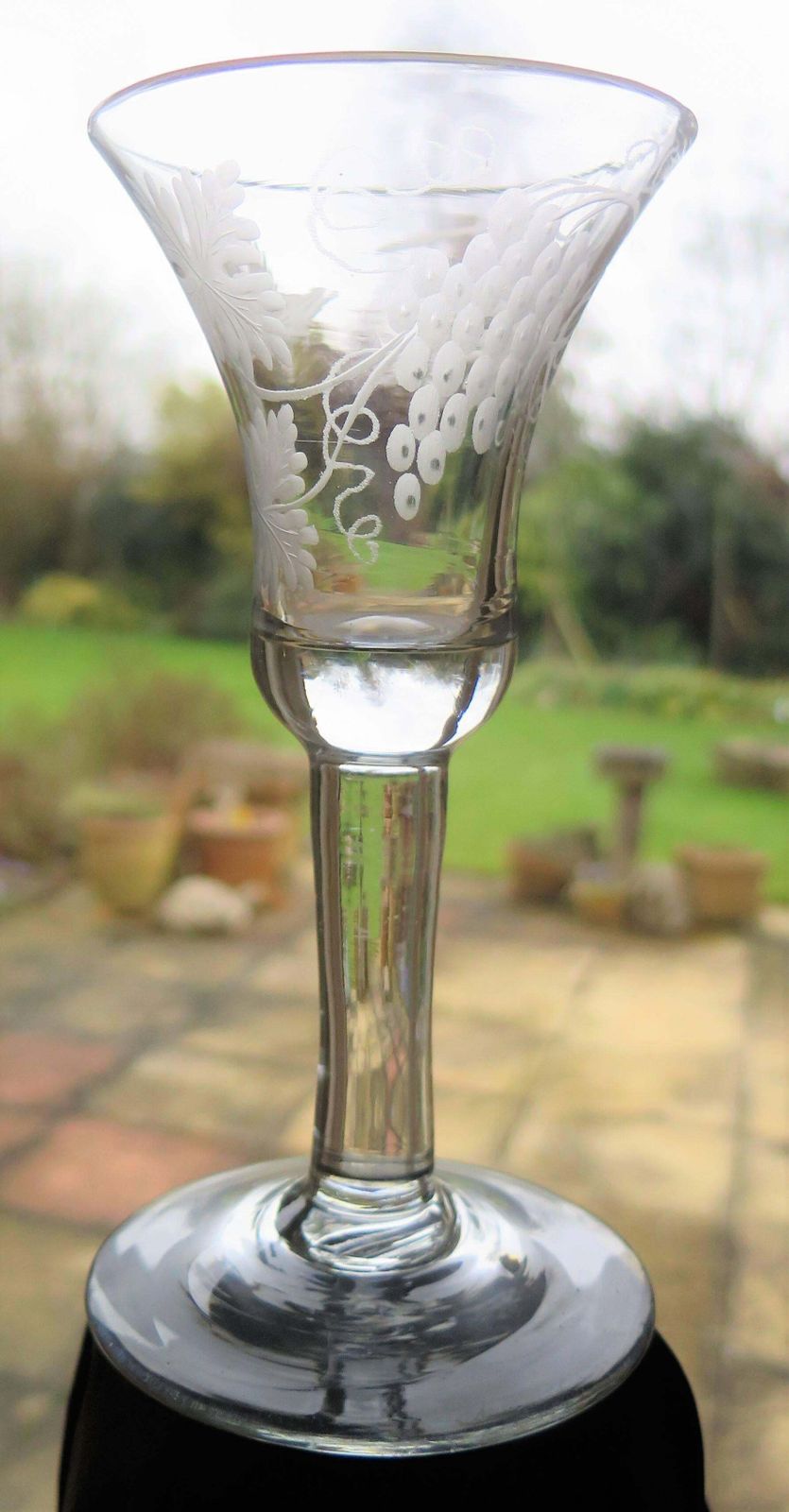 George II English Wine Drinking Glass Engraved Bell Bowl Hand Blown, Circa 1745 photo for sale