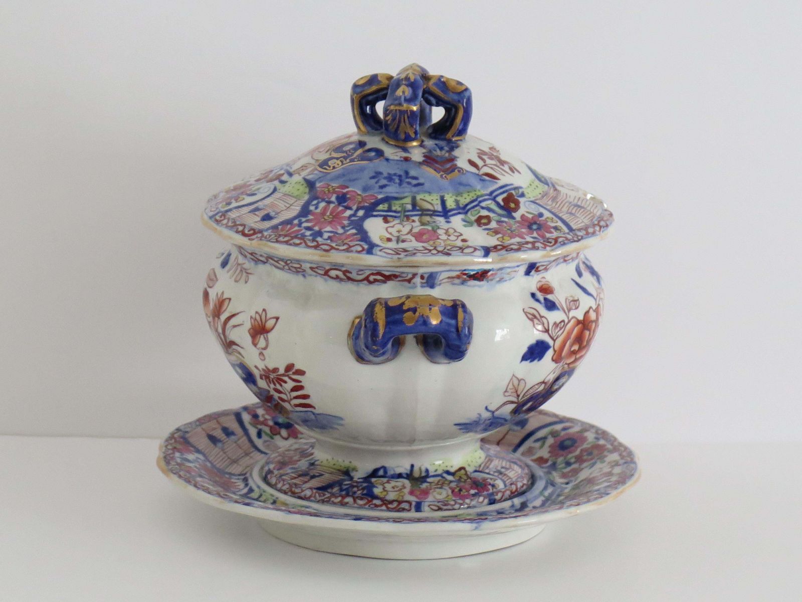 Georgian Masons Ironstone Sauce Tureen & Base Plate Vase & Rock Ptn, Circa 1818 photo vintage