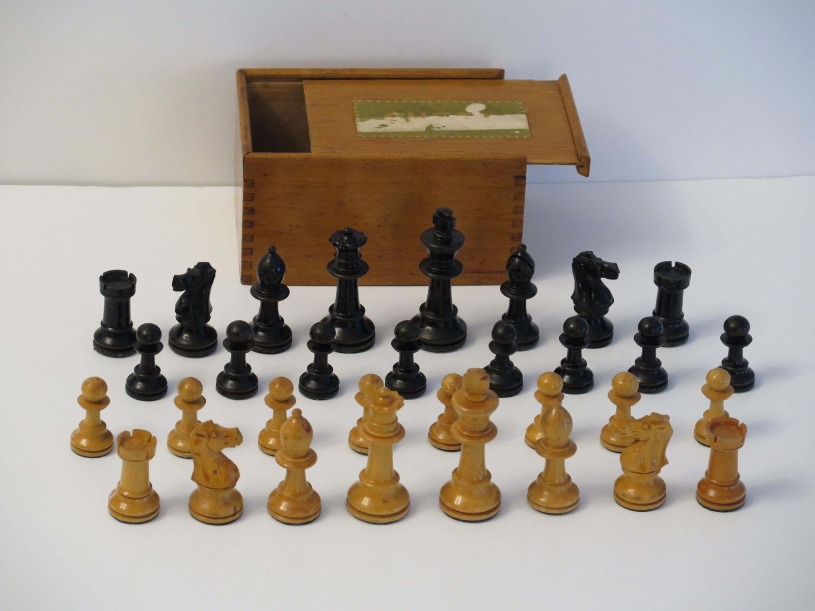 Staunton Fierce Knight Weighted Club Chess Set 8.5cm Kings Jointed Box, 19th C photo buy