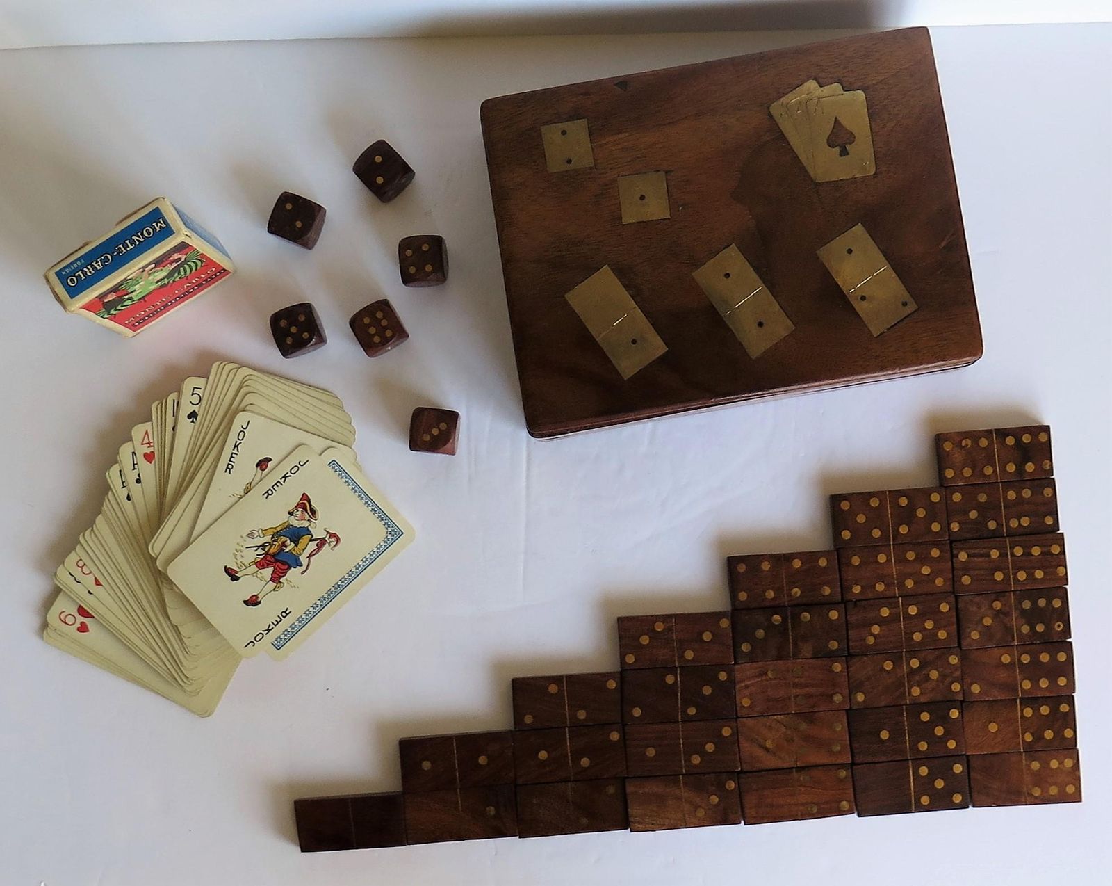 Complete Handmade Game Box With Dominoes, Six Dice & Playing Cards, Circa 1940s photo for sale