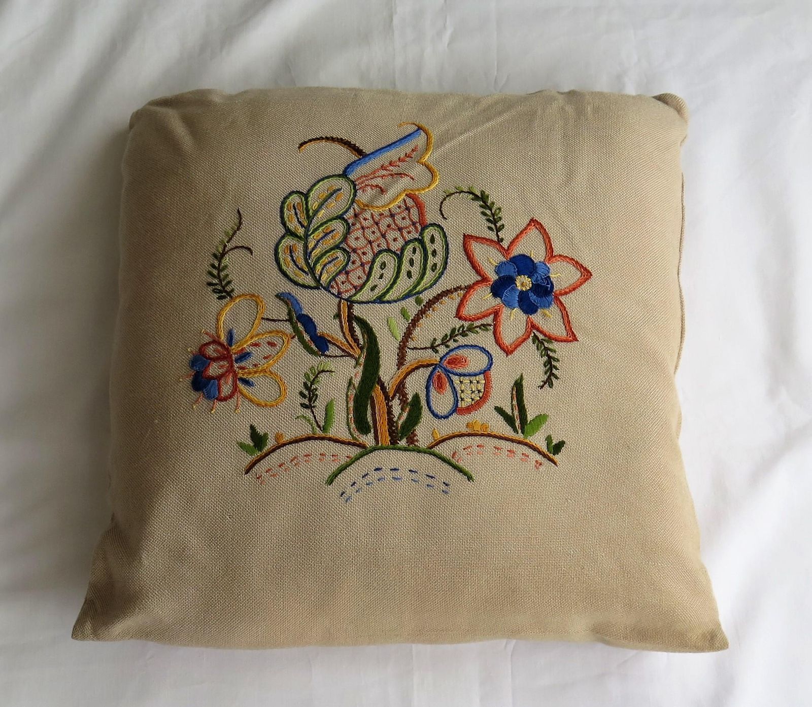 Hand Embroidered Cushion Or Pillow, English Circa 1940s photo furniture