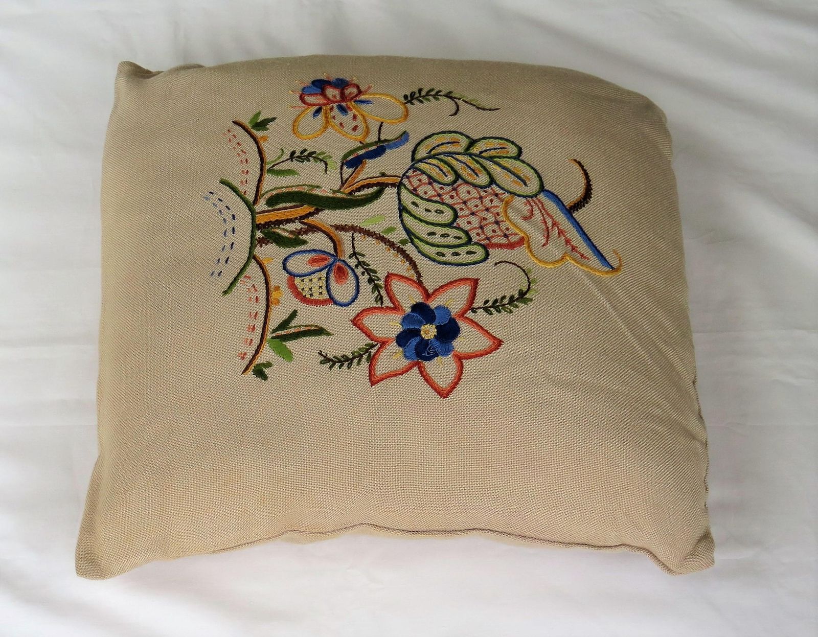 Hand Embroidered Cushion Or Pillow, English Circa 1940s photo 250.0