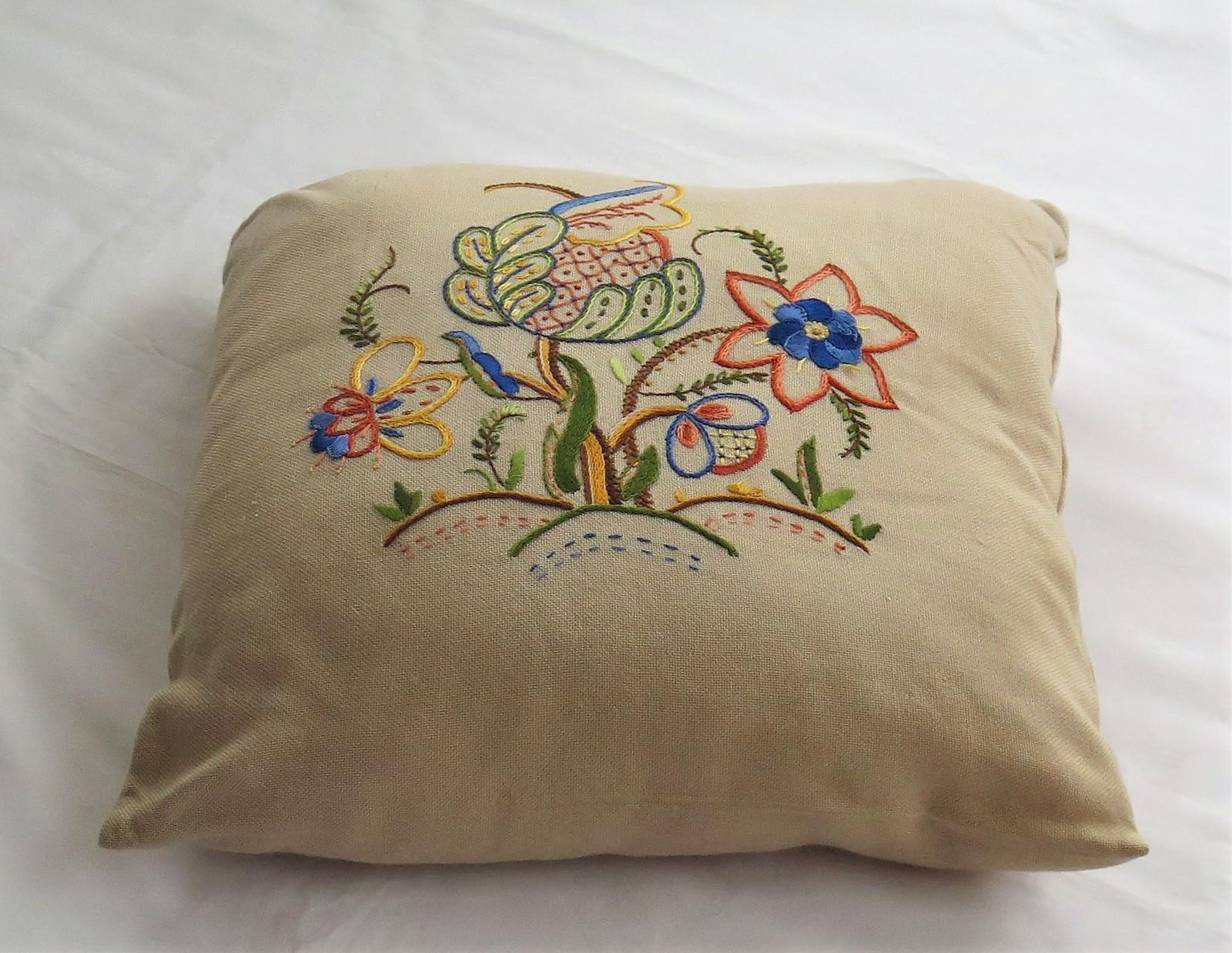 Hand Embroidered Cushion Or Pillow, English Circa 1940s photo vintage