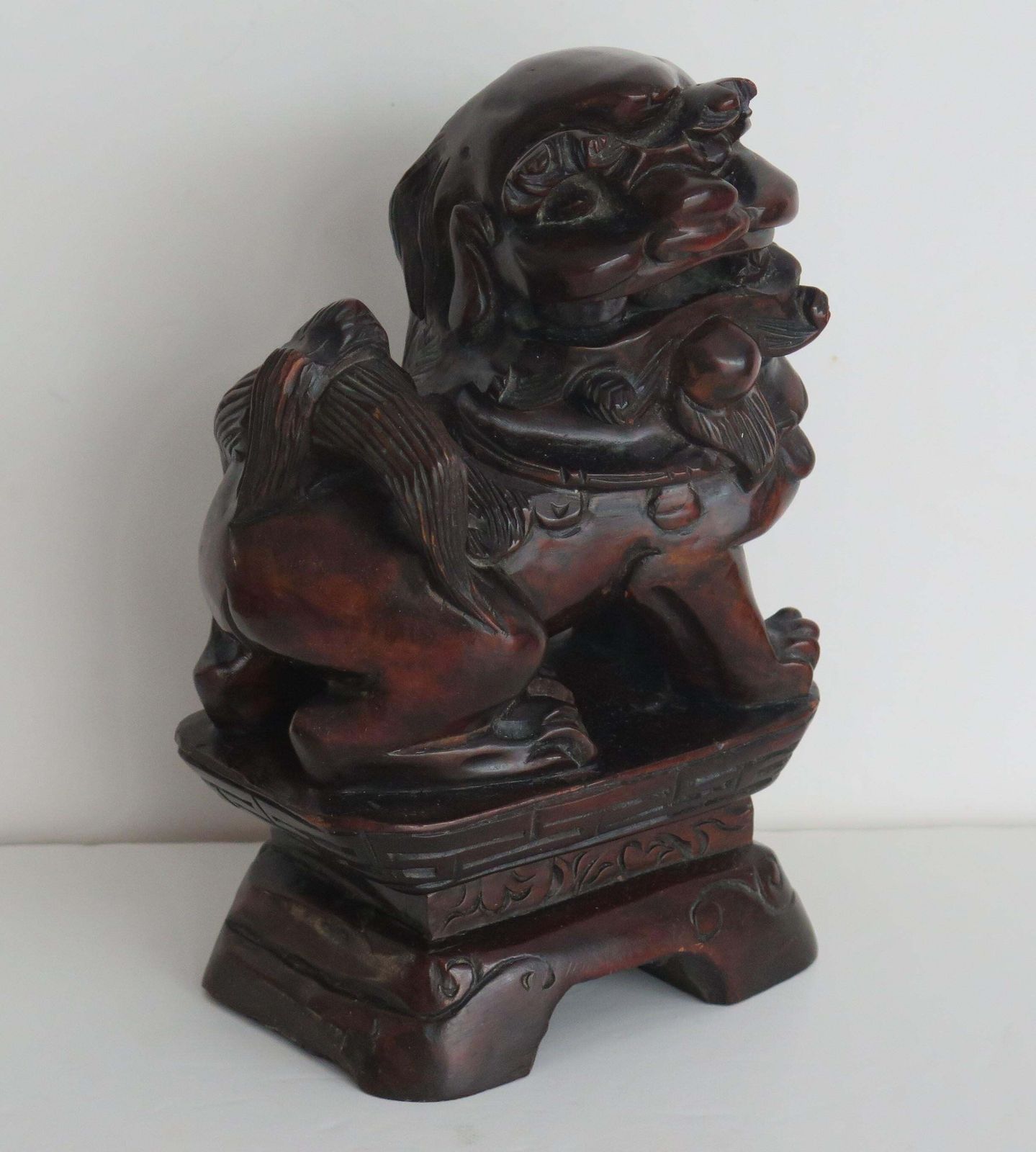 Chinese Foo Dog Hardwood Hand Carved And Signed, Qing Circa 1900 photo vinterior
