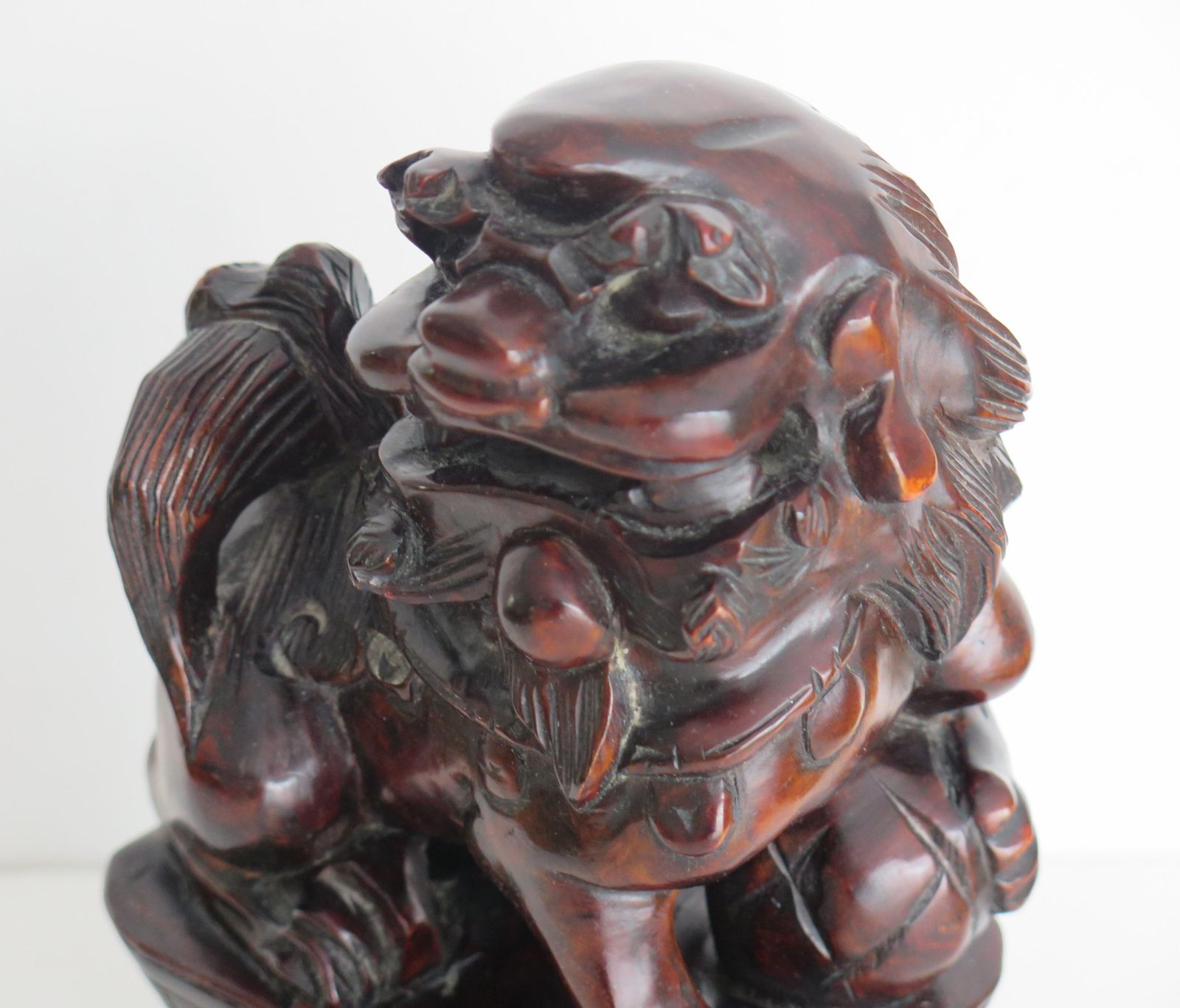 photo vintage Chinese Foo Dog Hardwood Hand Carved And Signed, Qing Circa 1900