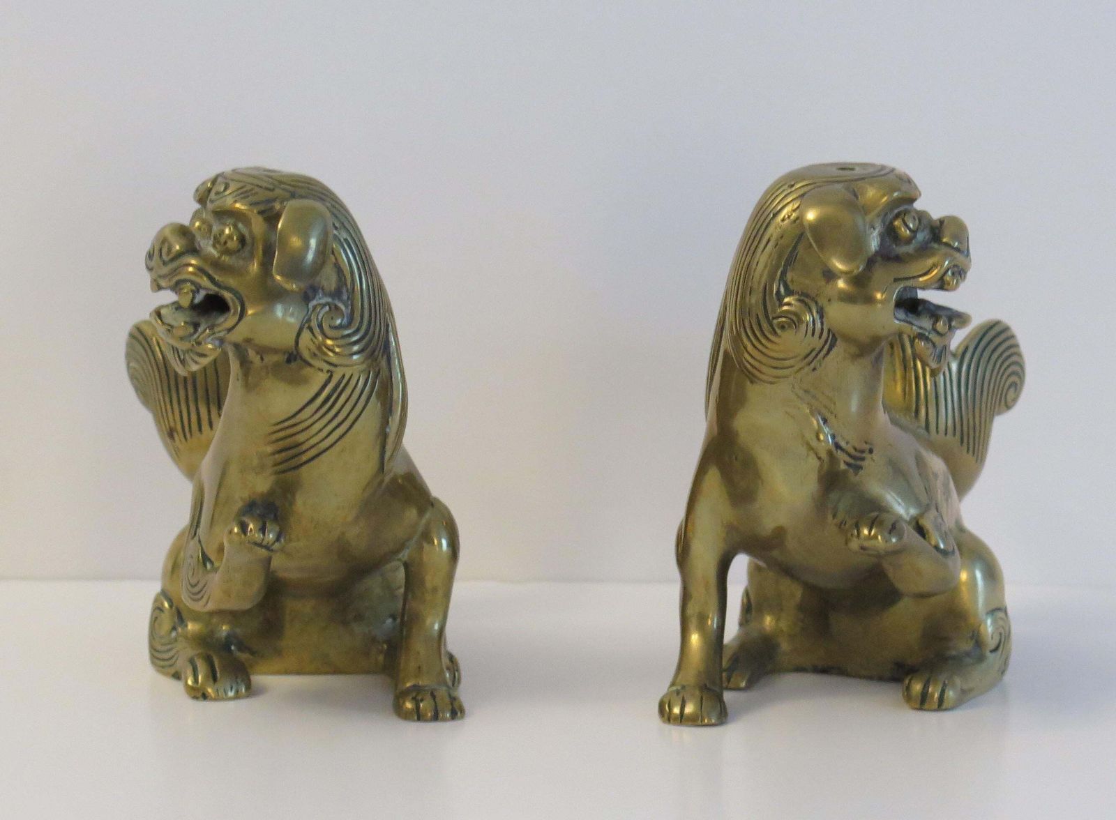 Antique Pair Of Chinese Bronze Foo Dogs Good Detail, Qing Early 19th Century photo vinterior