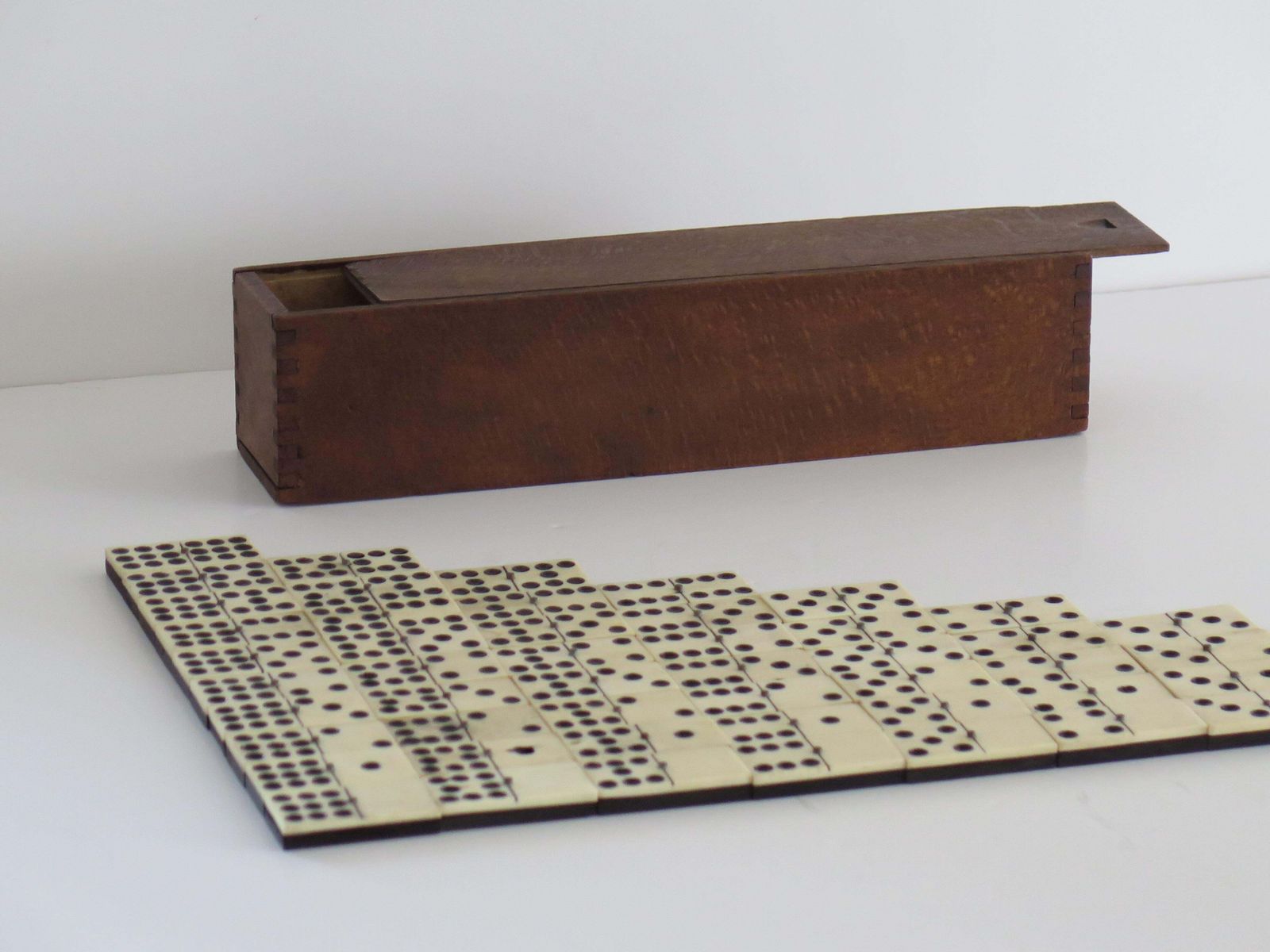 Victorian "9 Spot" Dominoe Game 55 Piece Set In Jointed Hardwood Box, 19th C. photo for sale