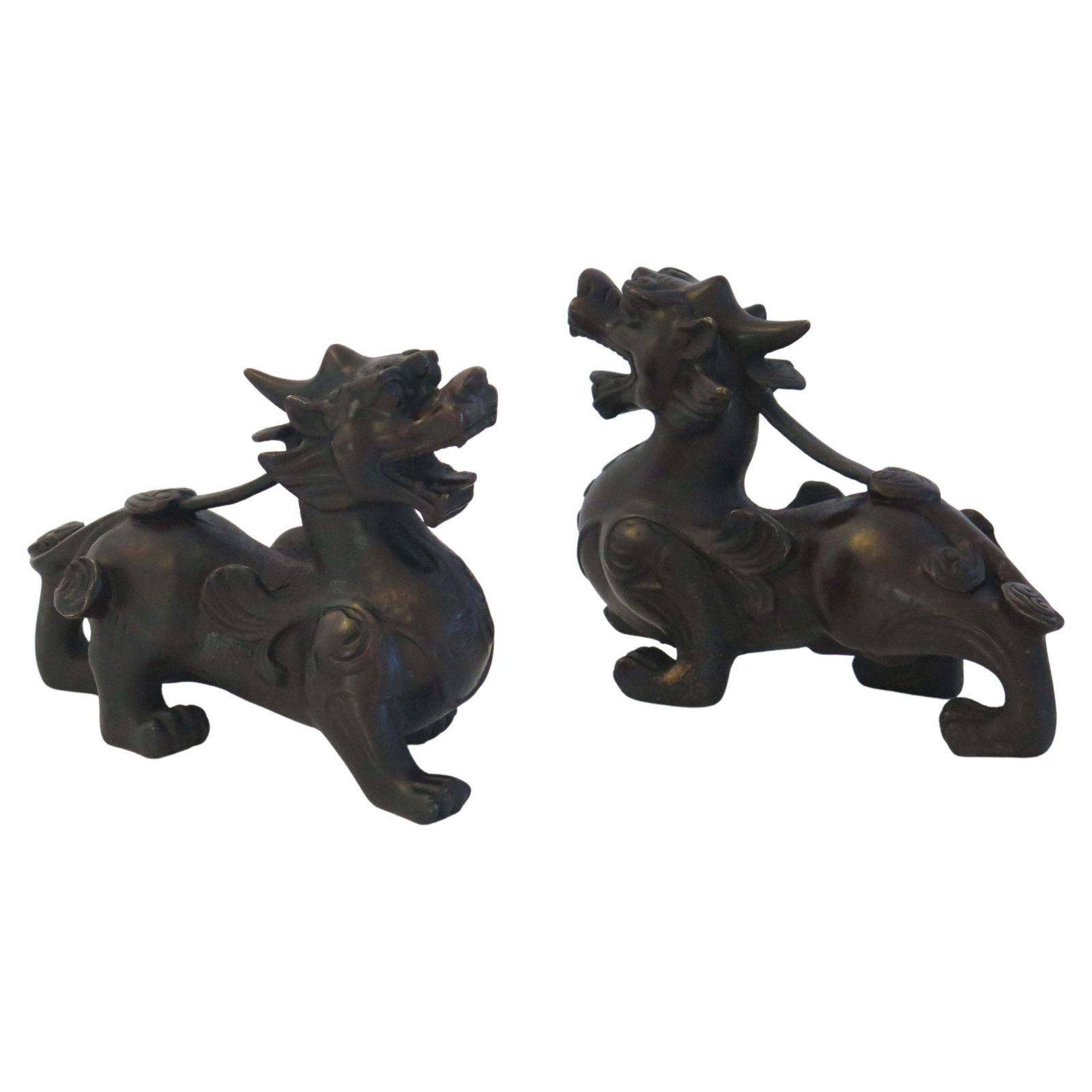 Antique Pair Of Chinese Bronze Foo Dogs Good Detail, 19th Century Qing Dynasty