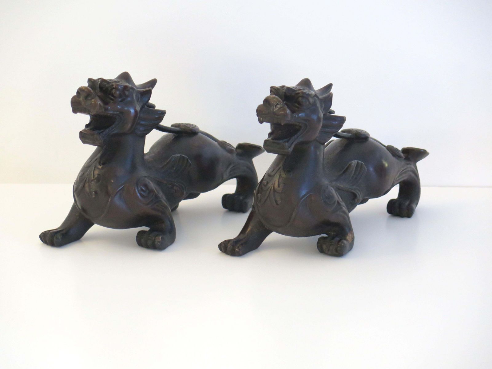 Antique Pair Of Chinese Bronze Foo Dogs Good Detail, 19th Century Qing Dynasty photo for sale