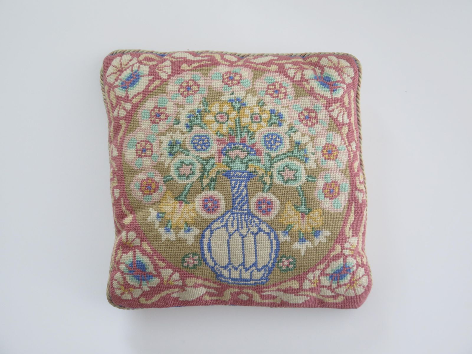 Woven Cushion Or Pillow With Flower Vase Pattern In Pastel Shades, Circa 1930s photo furniture