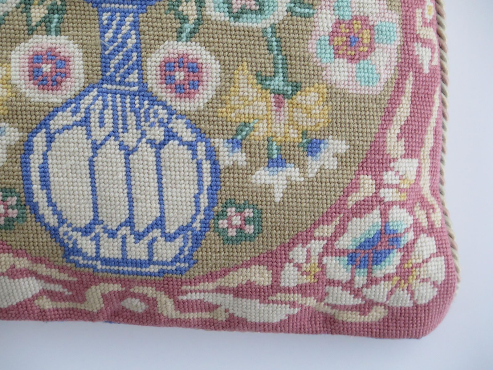 Woven Cushion Or Pillow With Flower Vase Pattern In Pastel Shades, Circa 1930s photo vintage