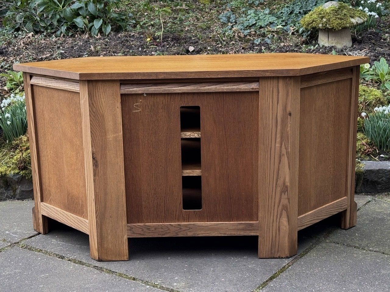 photo for sale A Wood Brothers Old Charm Vintage Carved Oak Corner Tv Cabinet / Media Stand / Unit