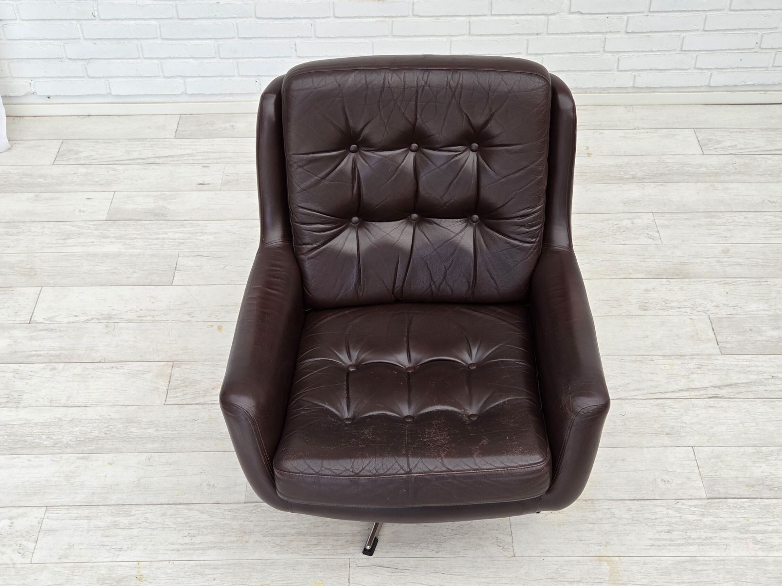 1970s, Set Of Two Swivel Lounge Chairs With Footstool, Leather. photo for sale